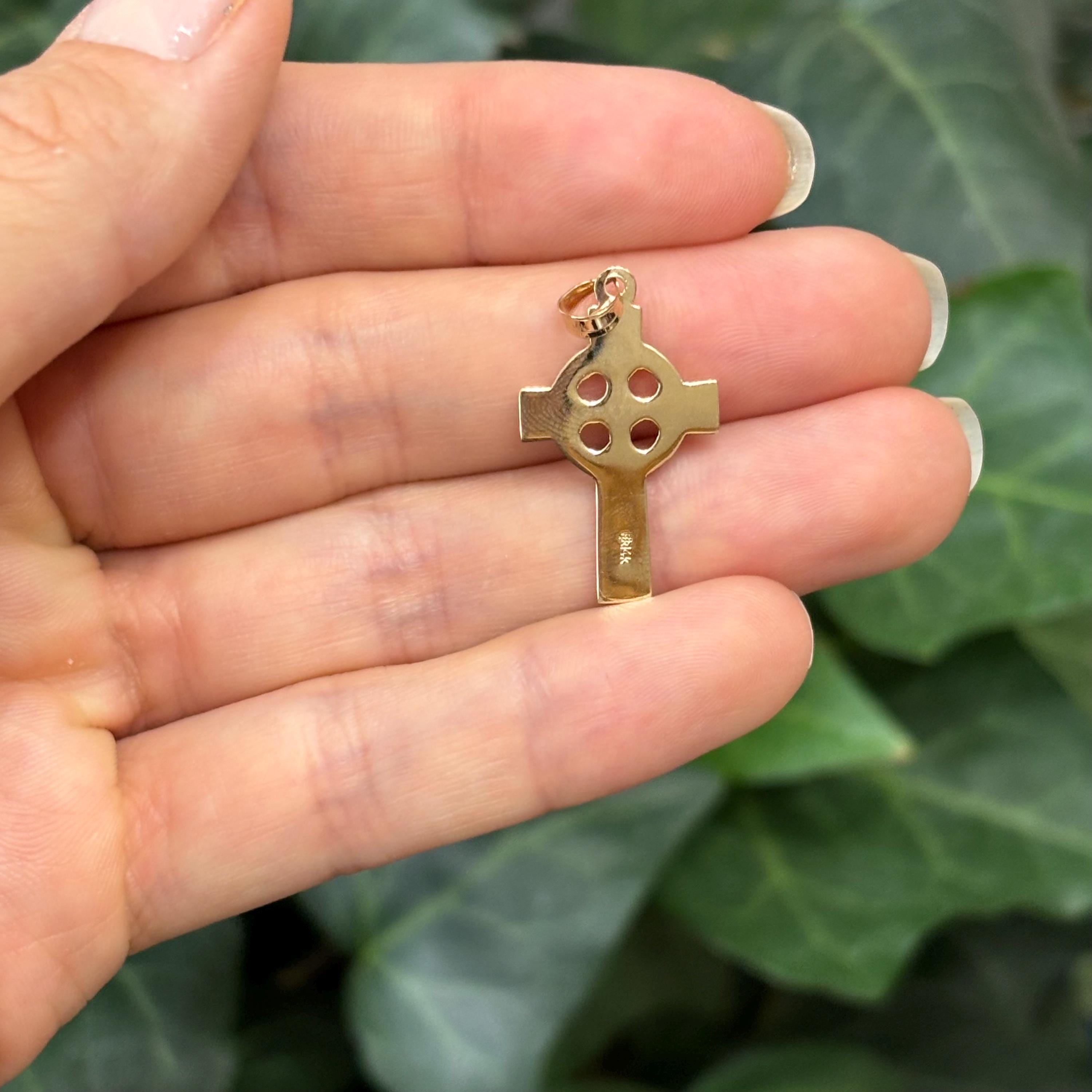 14k Gold Celtic Cross Charm Pendant Florentine Finish