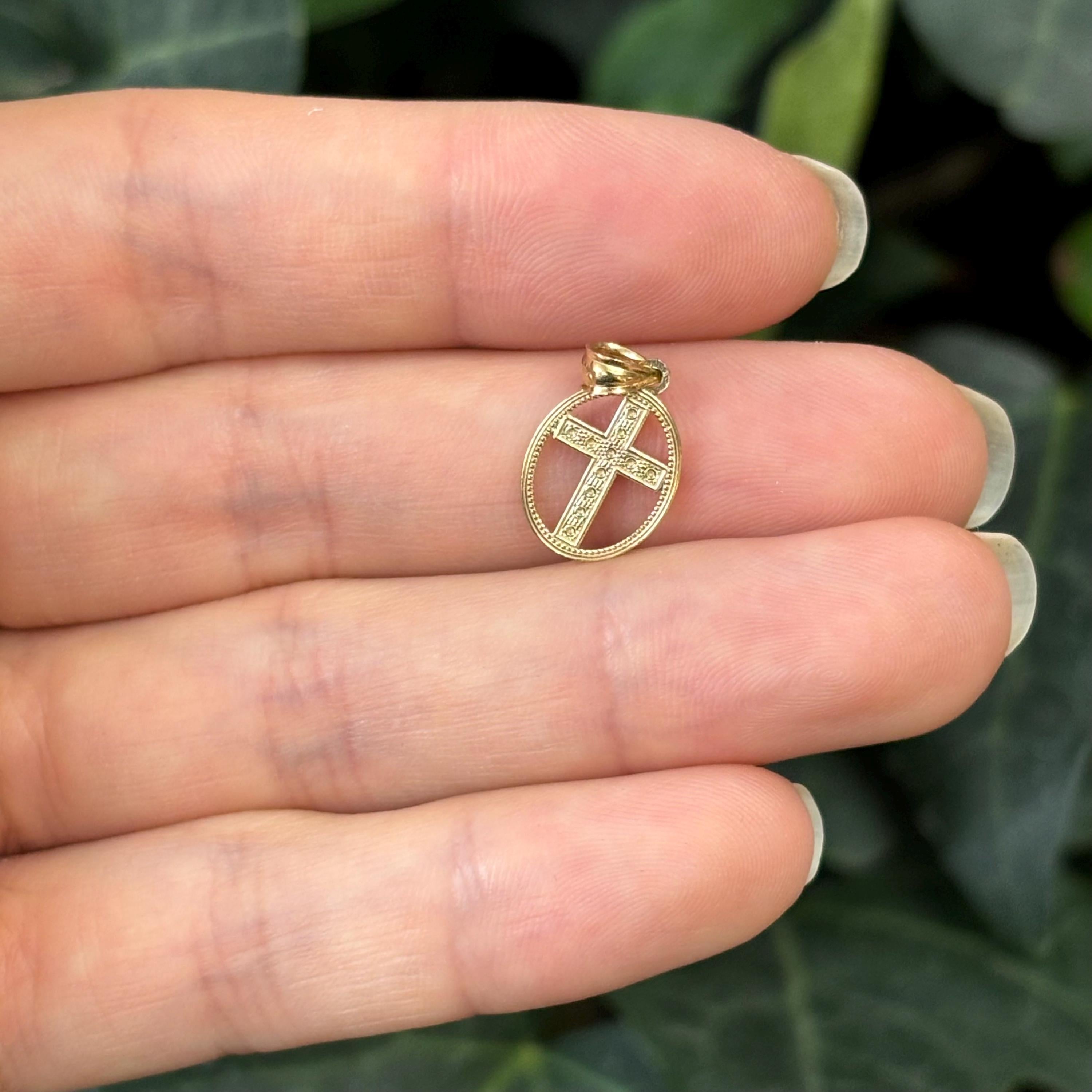 14k Gold Cross in Oval Frame Charm Pendant