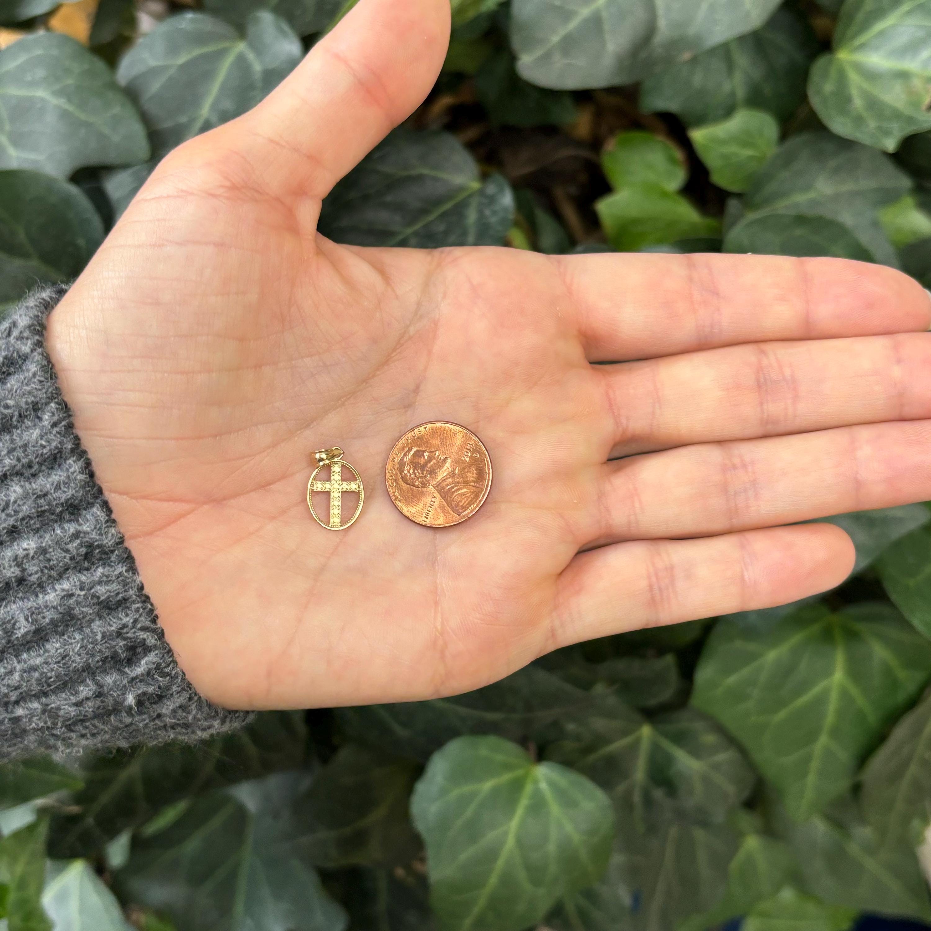 14k Gold Cross in Oval Frame Charm Pendant