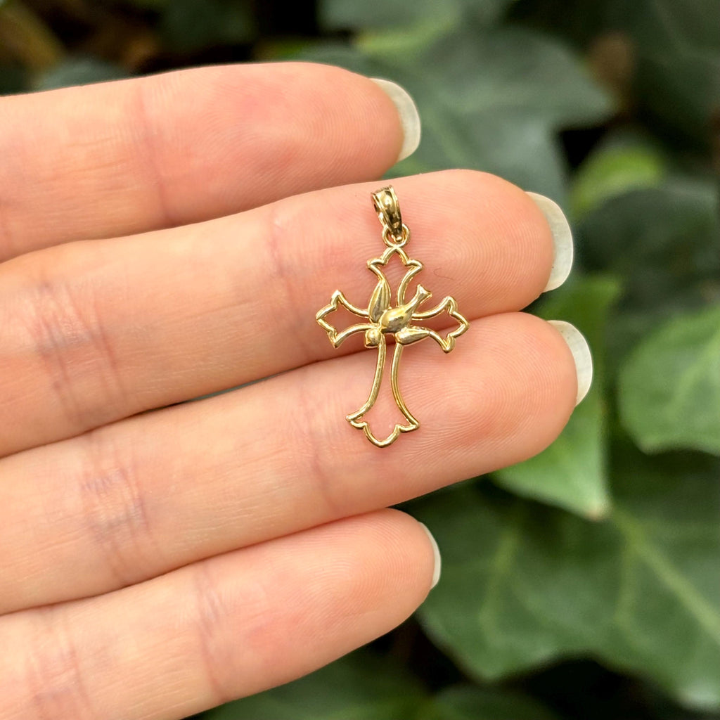 14k Gold Cross Dove Holy Spirit Charm Pendant