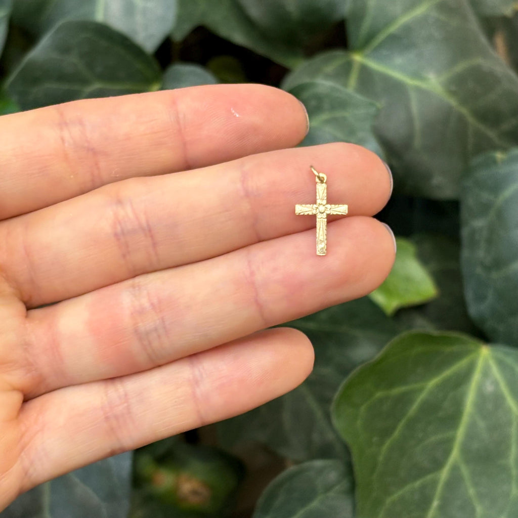 14k Gold Flower Floral Mini Cross Charm Pendant