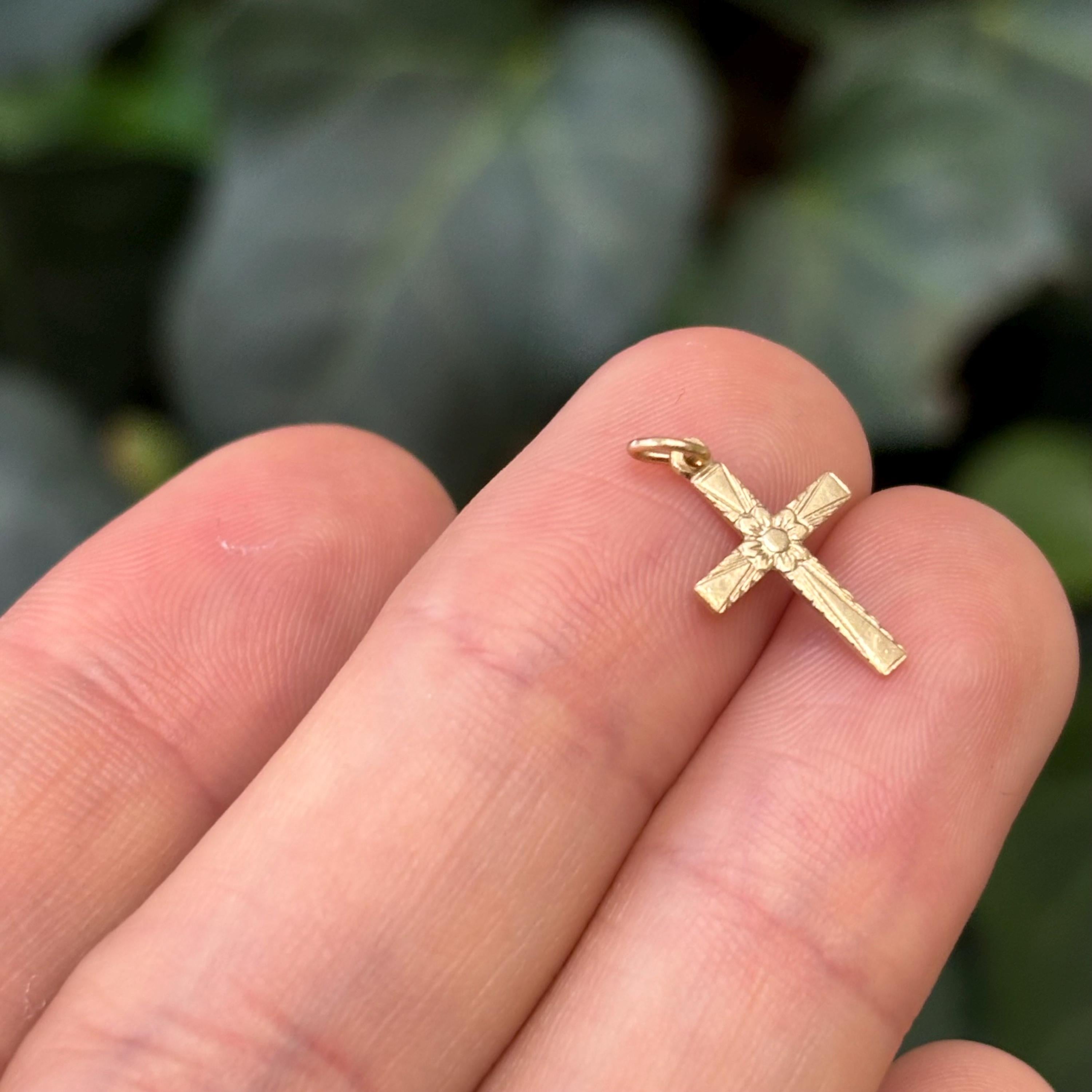 14k Gold Flower Floral Mini Cross Charm Pendant