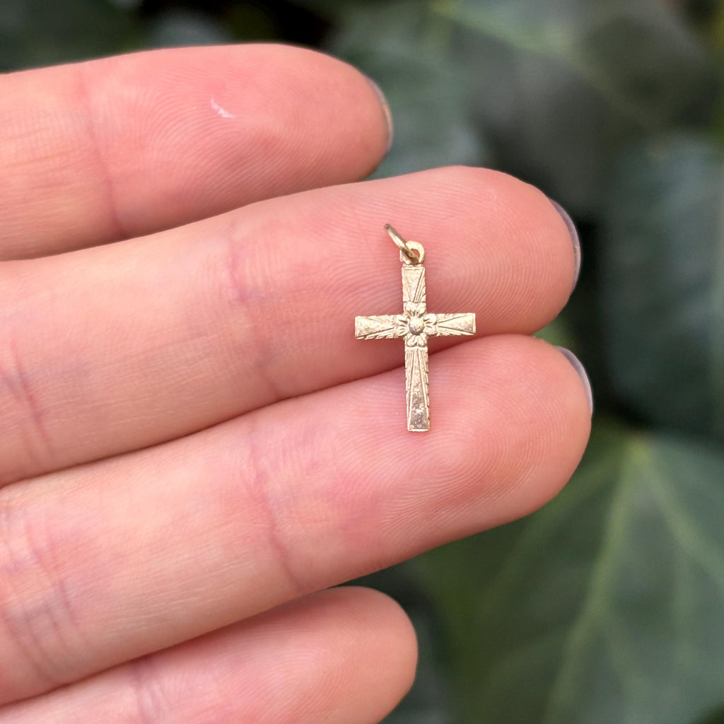 14k Gold Flower Floral Mini Cross Charm Pendant