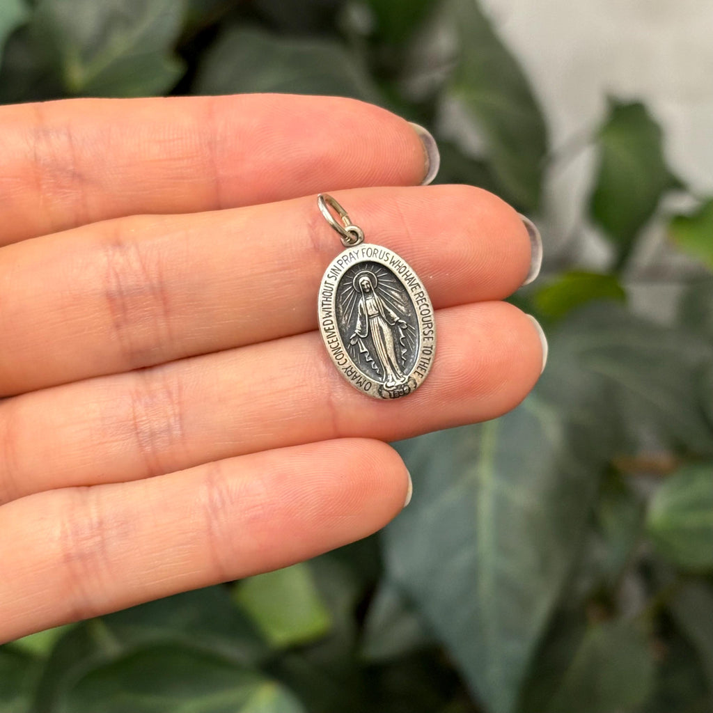 Sterling Silver Miraculous Medal Oval Medal Charm Pendant 19mm x 14mm