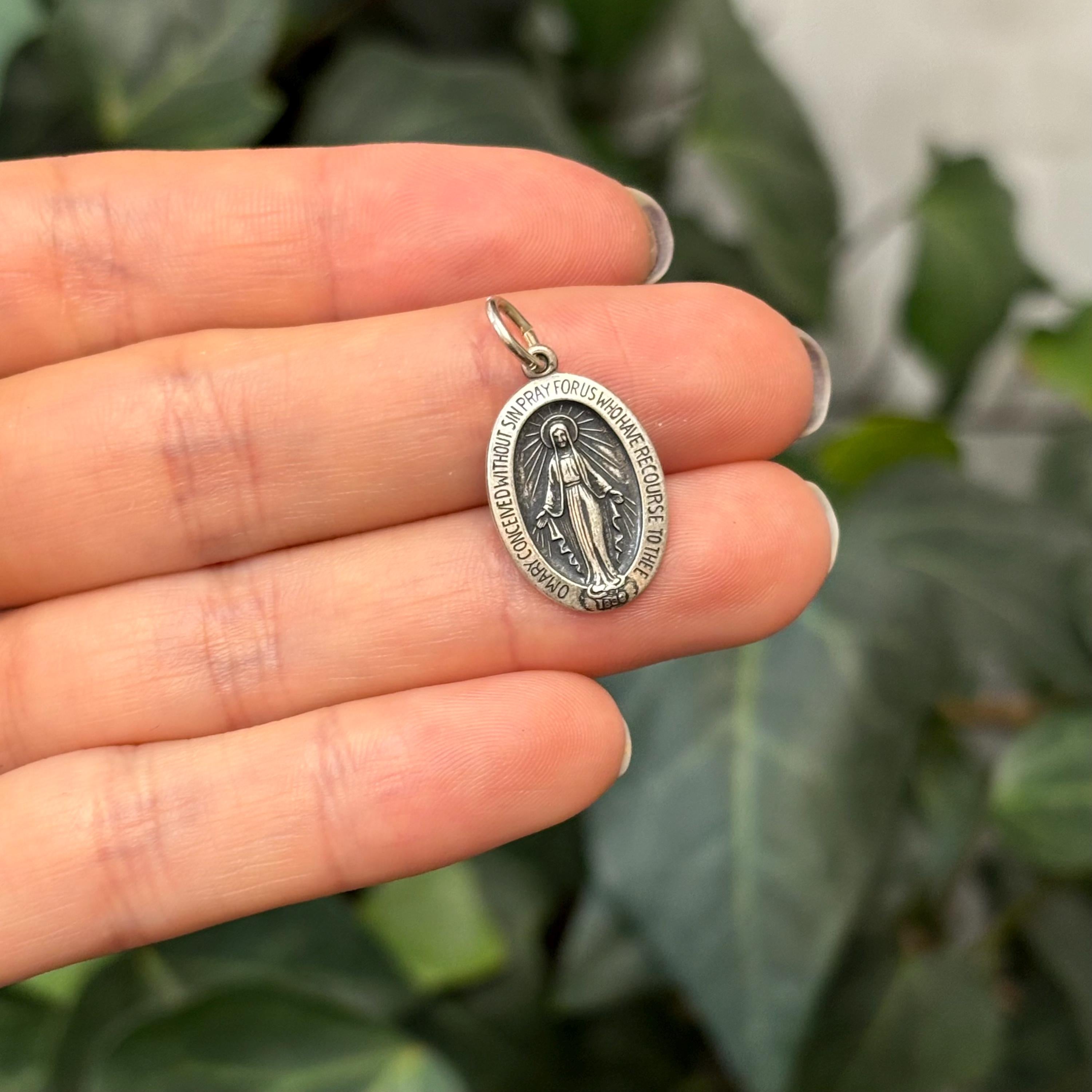 Sterling Silver Miraculous Medal Oval Medal Charm Pendant 19mm x 14mm