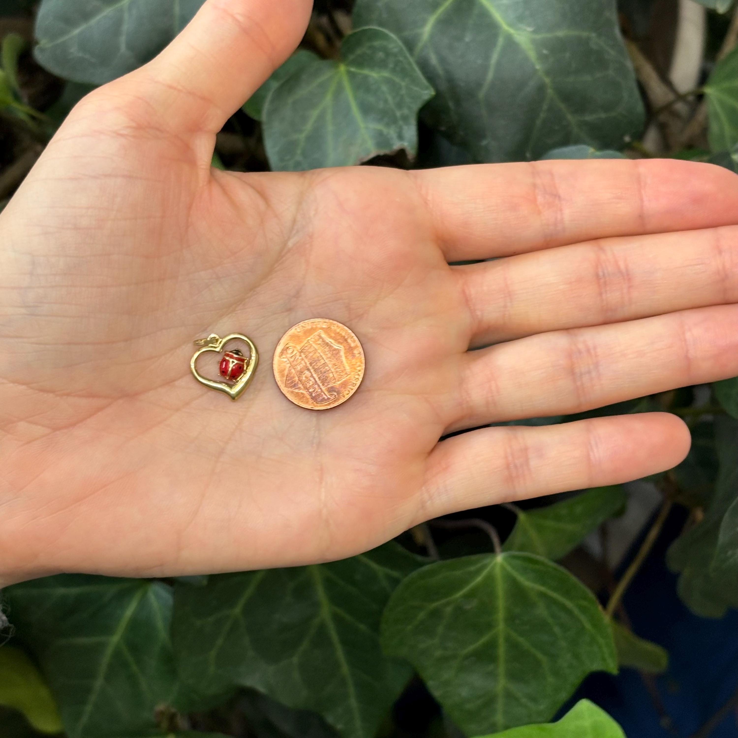 14k Gold Red Ladybug Heart Pendant Charm