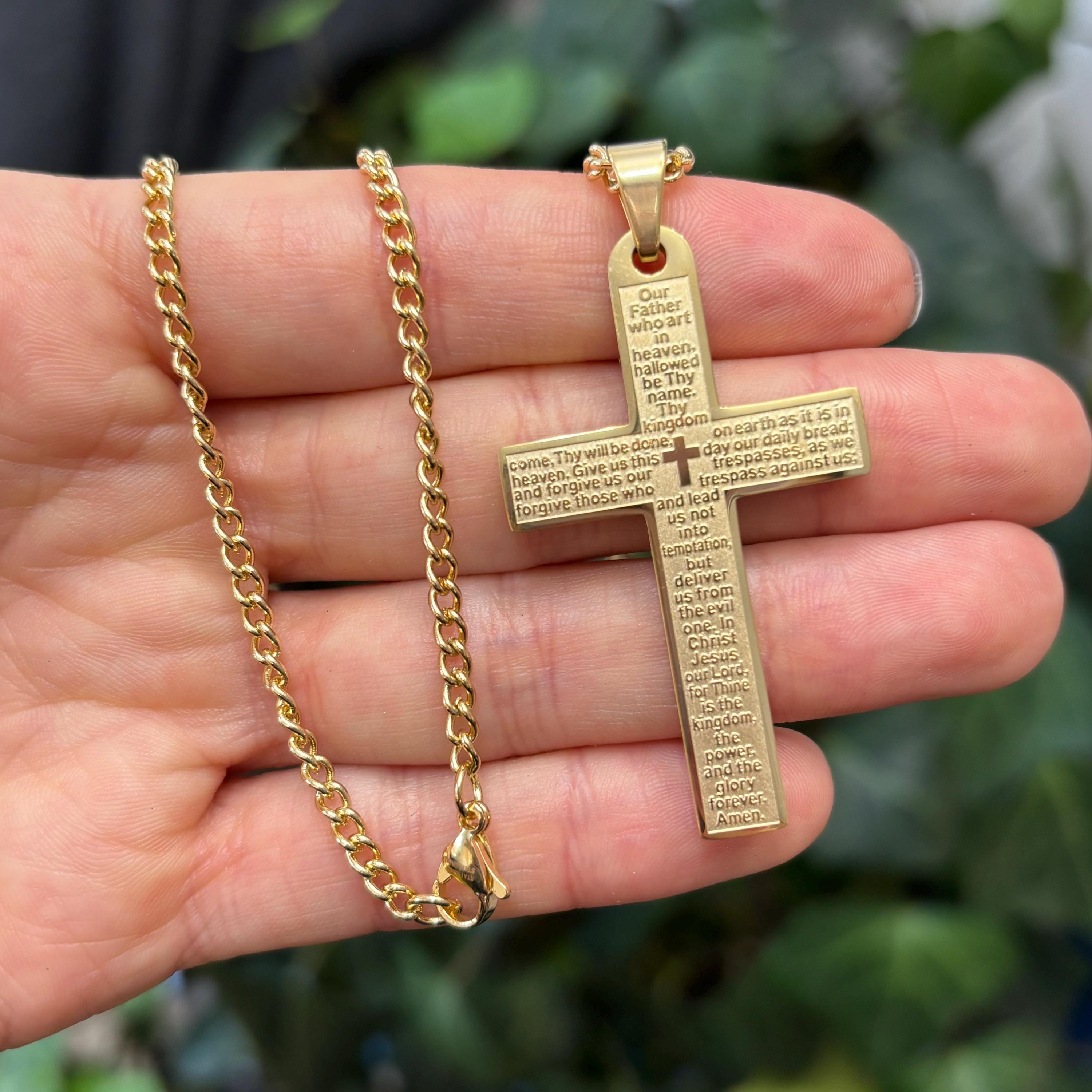 Gold-Tone Stainless Steel Lord’s Prayer Cross Pendant Necklace