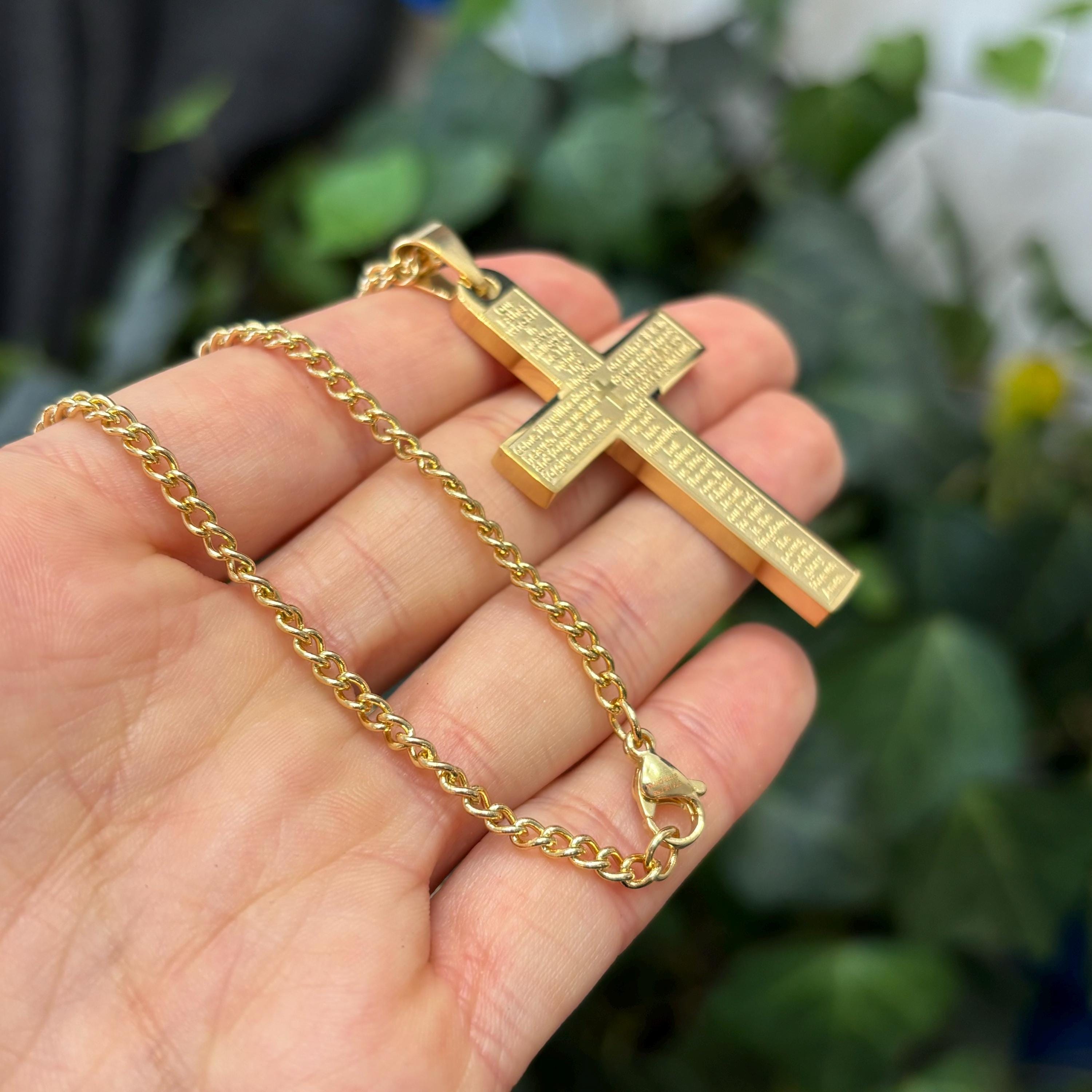 Gold-Tone Stainless Steel Lord’s Prayer Cross Pendant Necklace