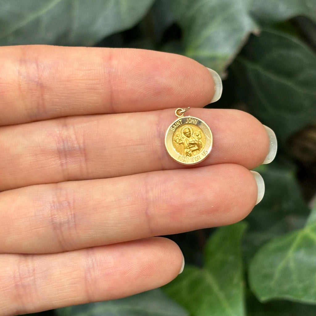 14k Gold St John the Evangelist Round Medal Pendant 12mm Hollow