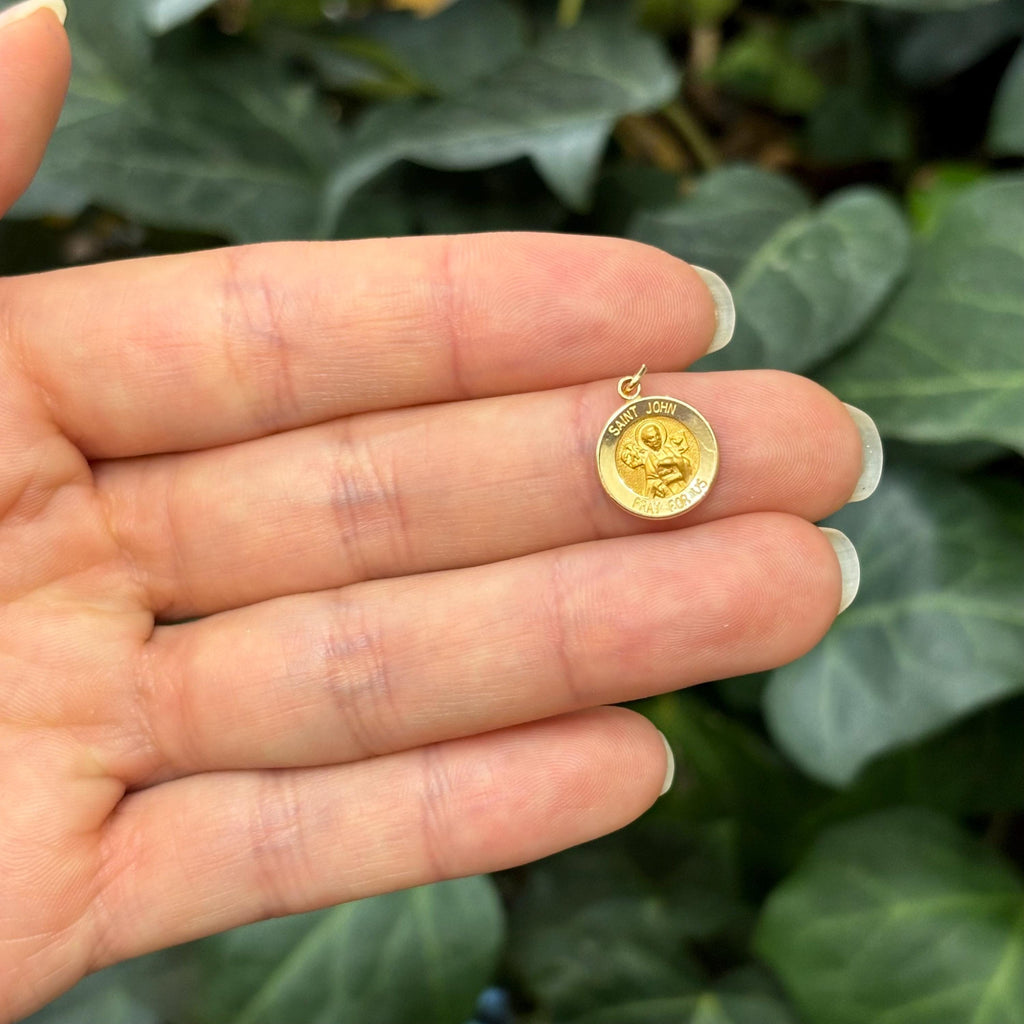 14k Gold St John the Evangelist Round Medal Pendant 12mm Hollow