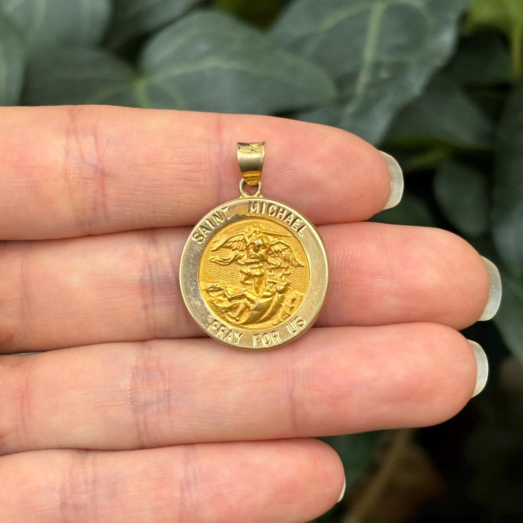 14k Gold St Michael Satin Medal Pendant Hollow 22mm