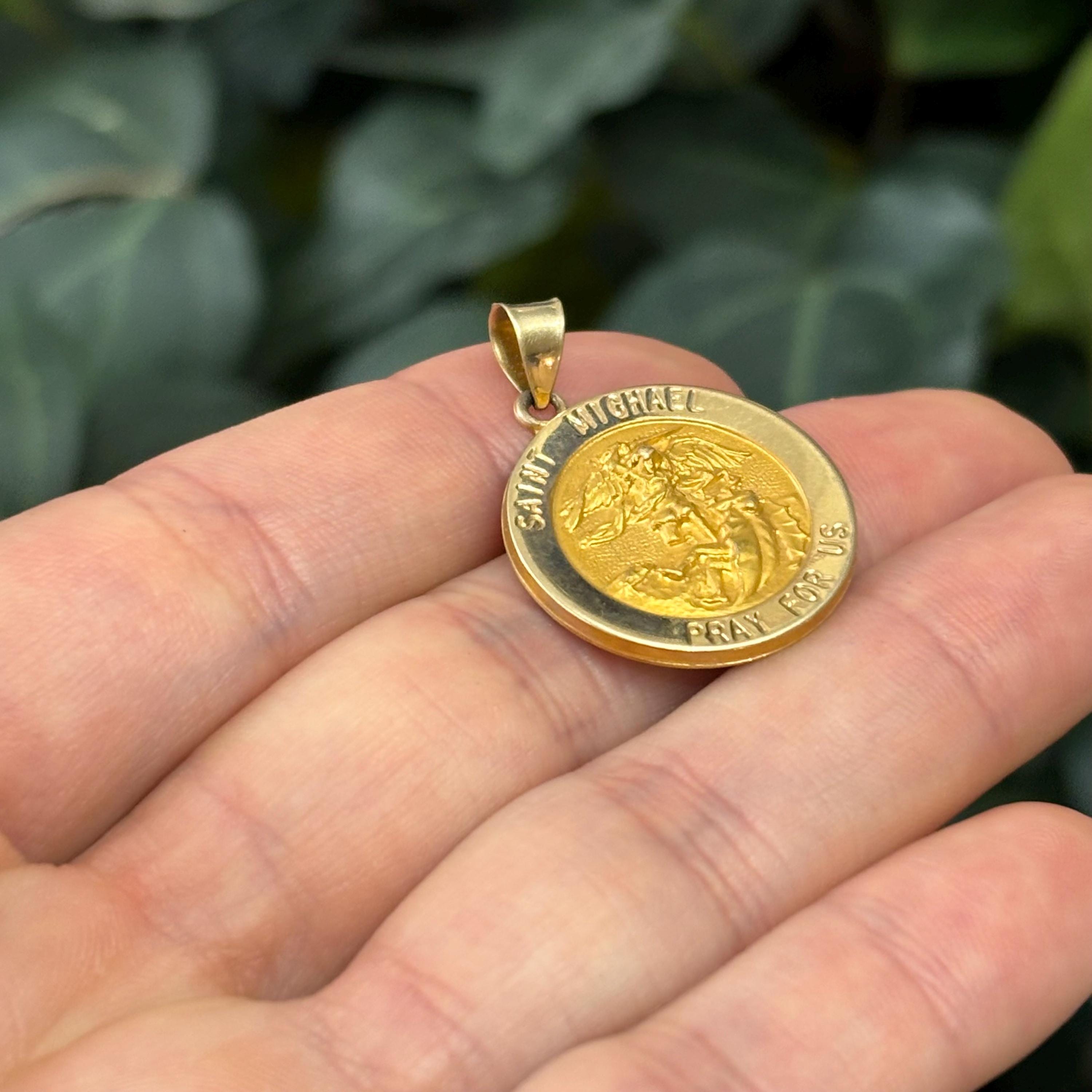 14k Gold St Michael Satin Medal Pendant Hollow 22mm
