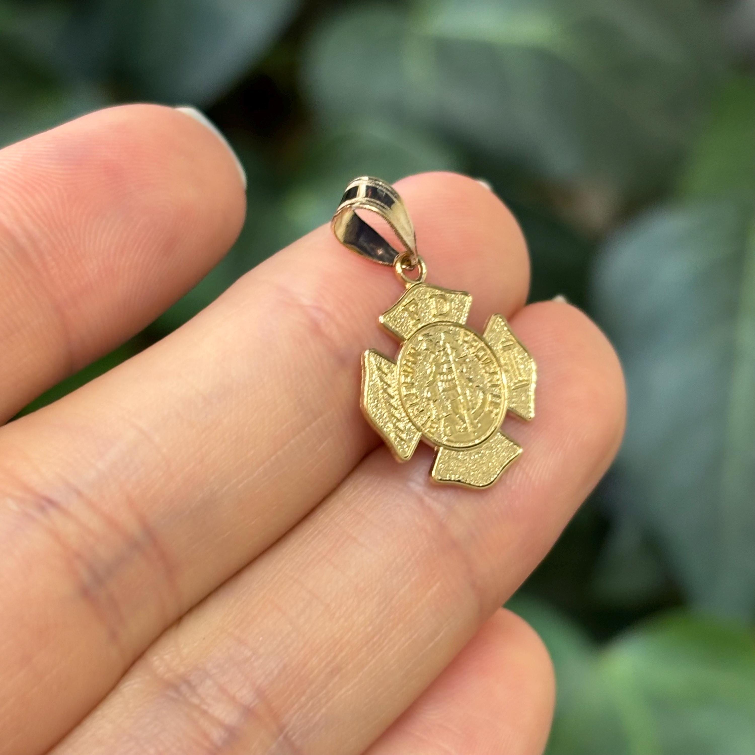 14k Yellow Gold St Florian Firefighter Badge Medal Pendant