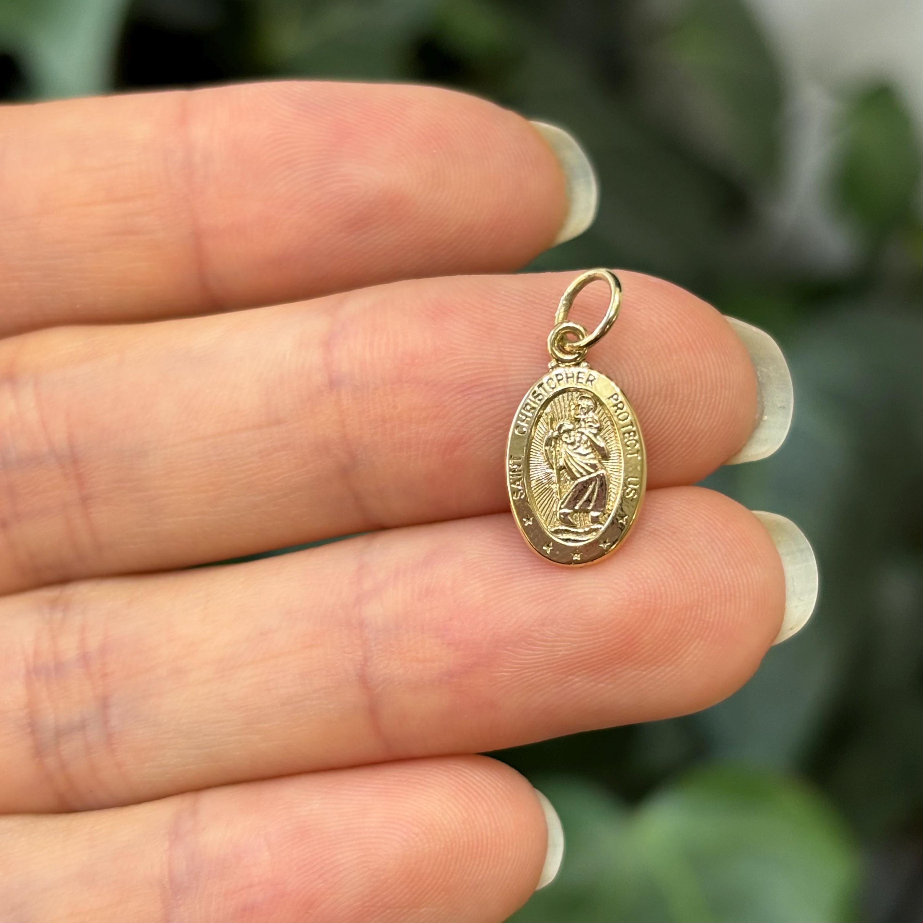14k Gold St Christopher Oval Medal Charm Pendant  Small