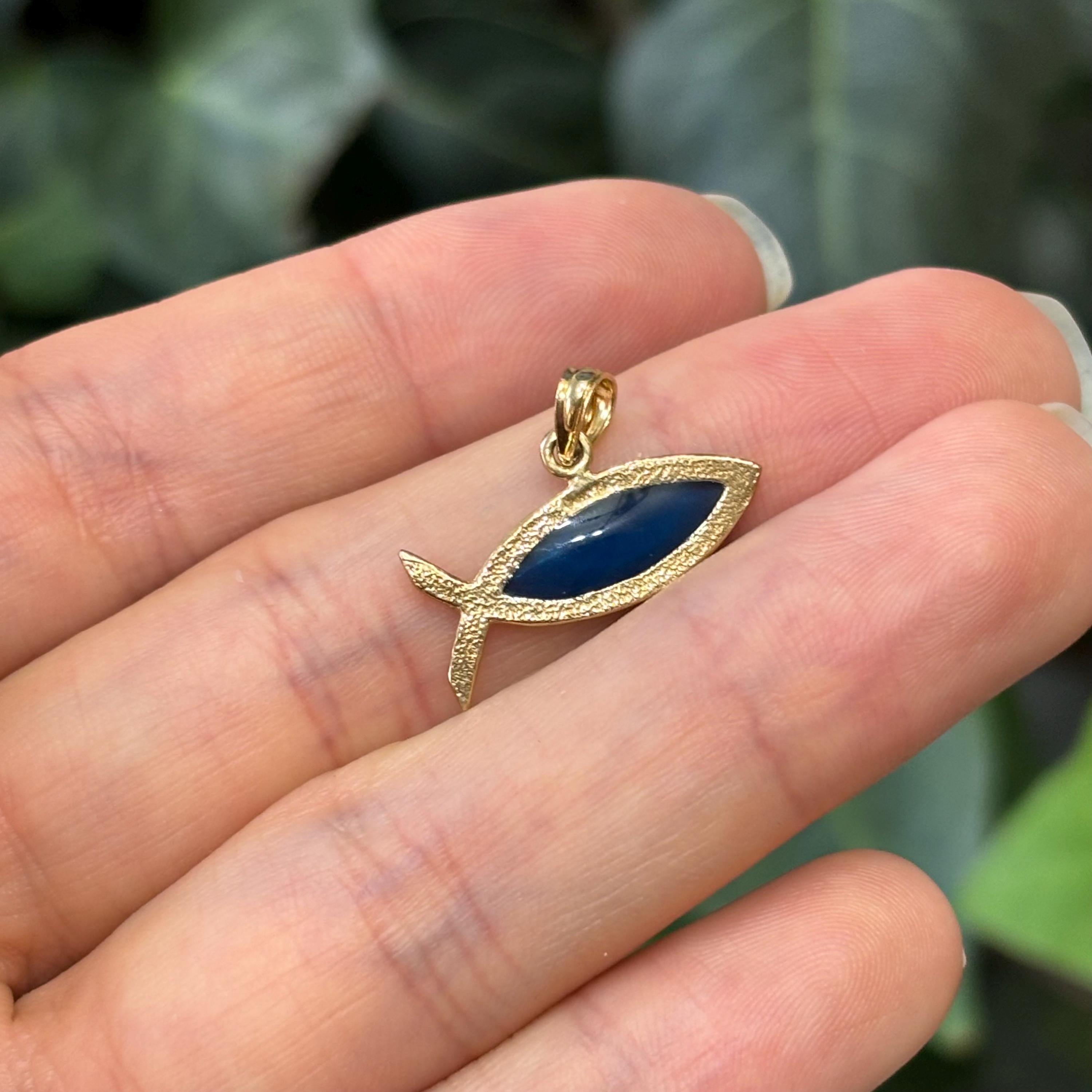 14k Gold Ichthus Fish Charm Pendant Blue Enamel