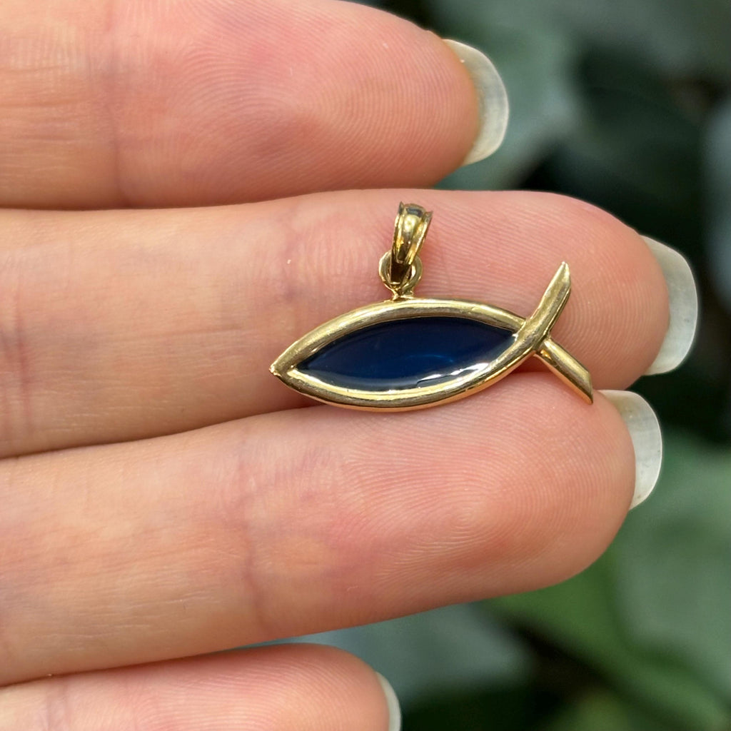 14k Gold Ichthus Fish Charm Pendant Blue Enamel