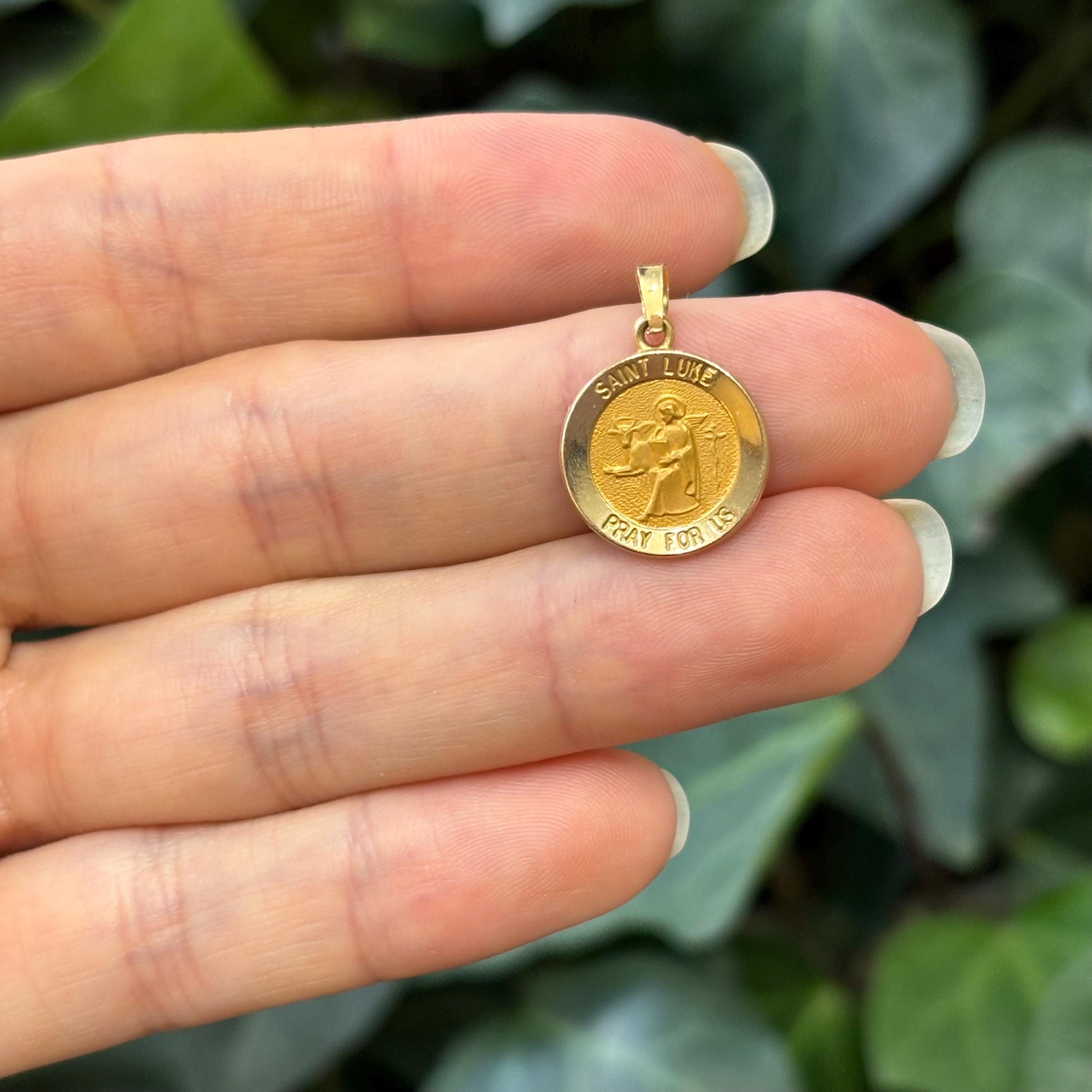14k Gold St Luke Satin Medal Pendant Hollow 19mm
