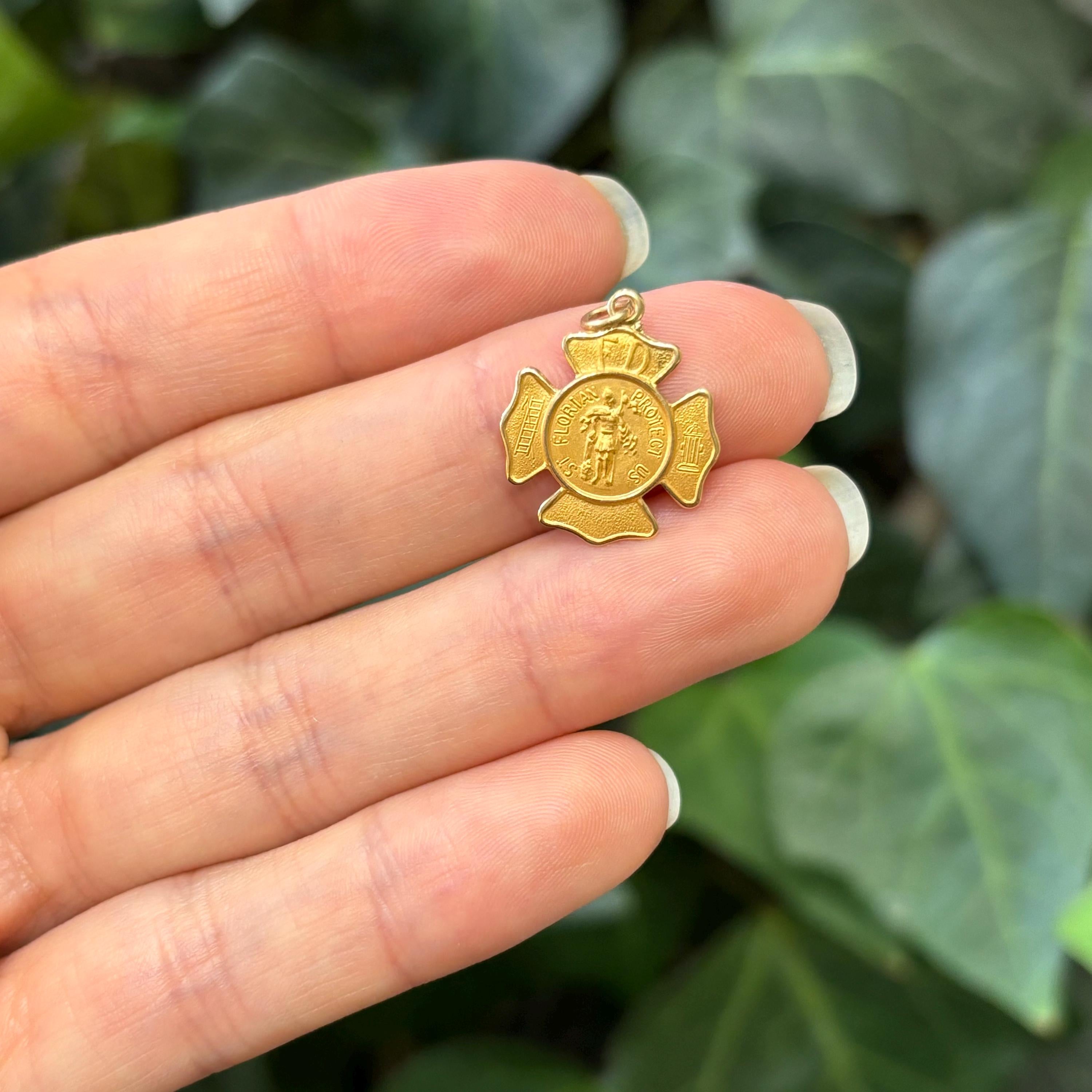 14k Yellow Gold St Florian Firefighter Badge Medal Pendant