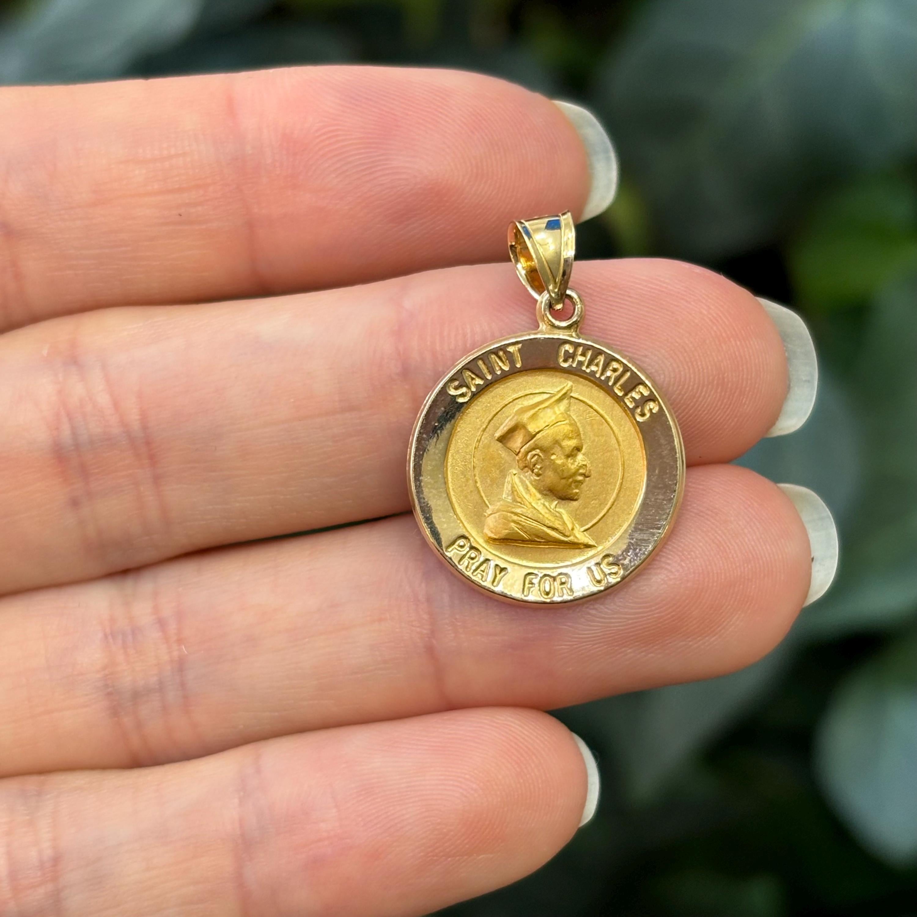 14k Gold St Charles Satin Medal Pendant Hollow