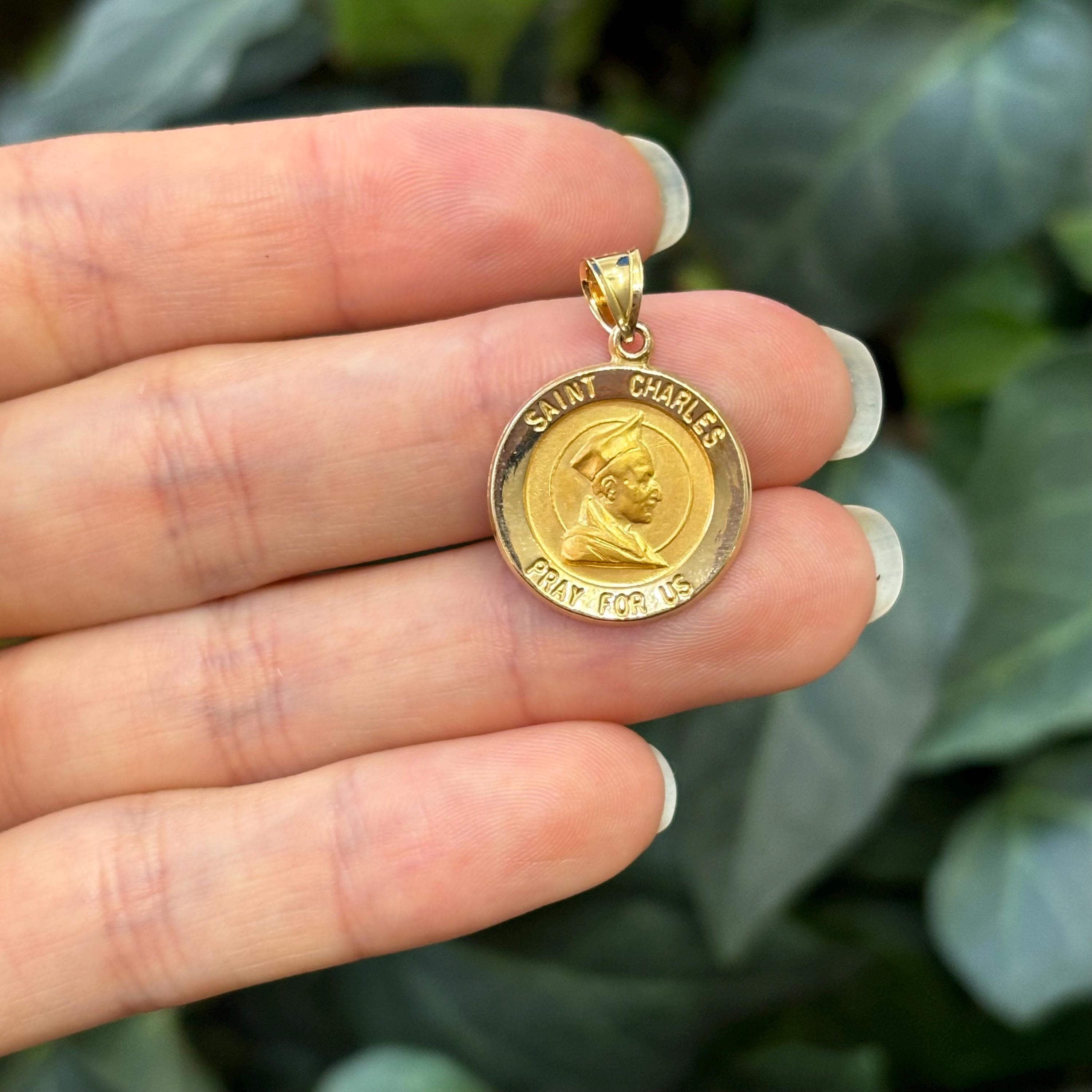 14k Gold St Charles Satin Medal Pendant Hollow