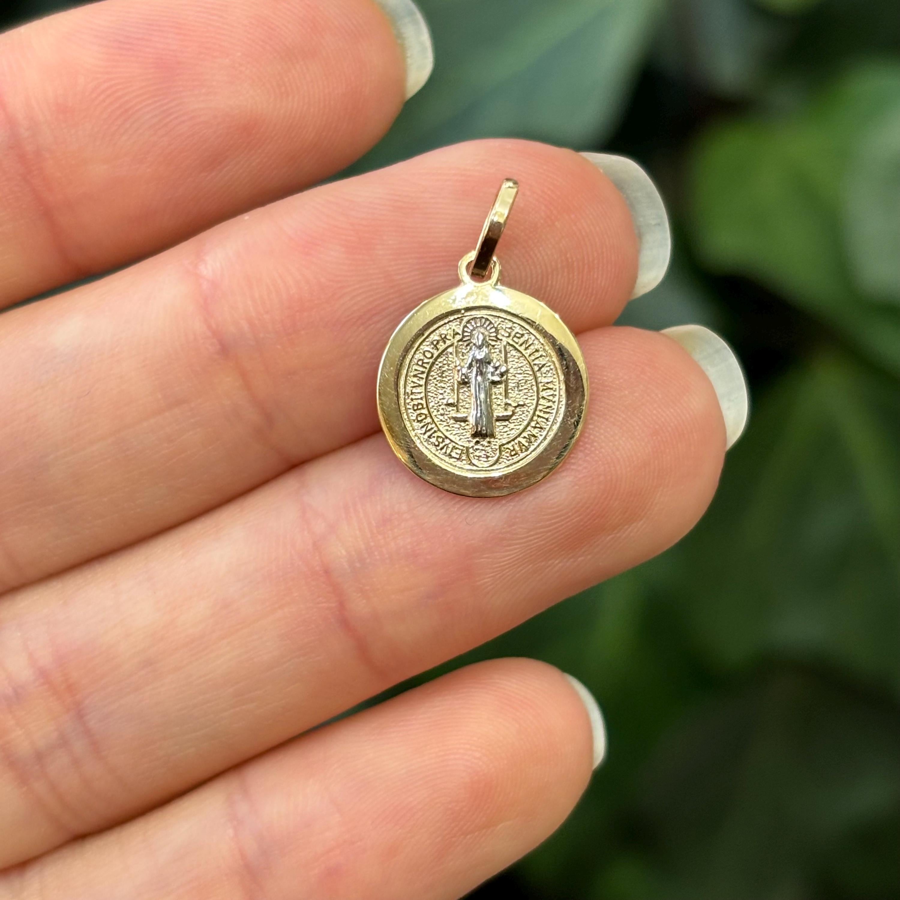 14k Gold St Benedict 2 Sided Two tone Medal Pendant Solid 24.5mm