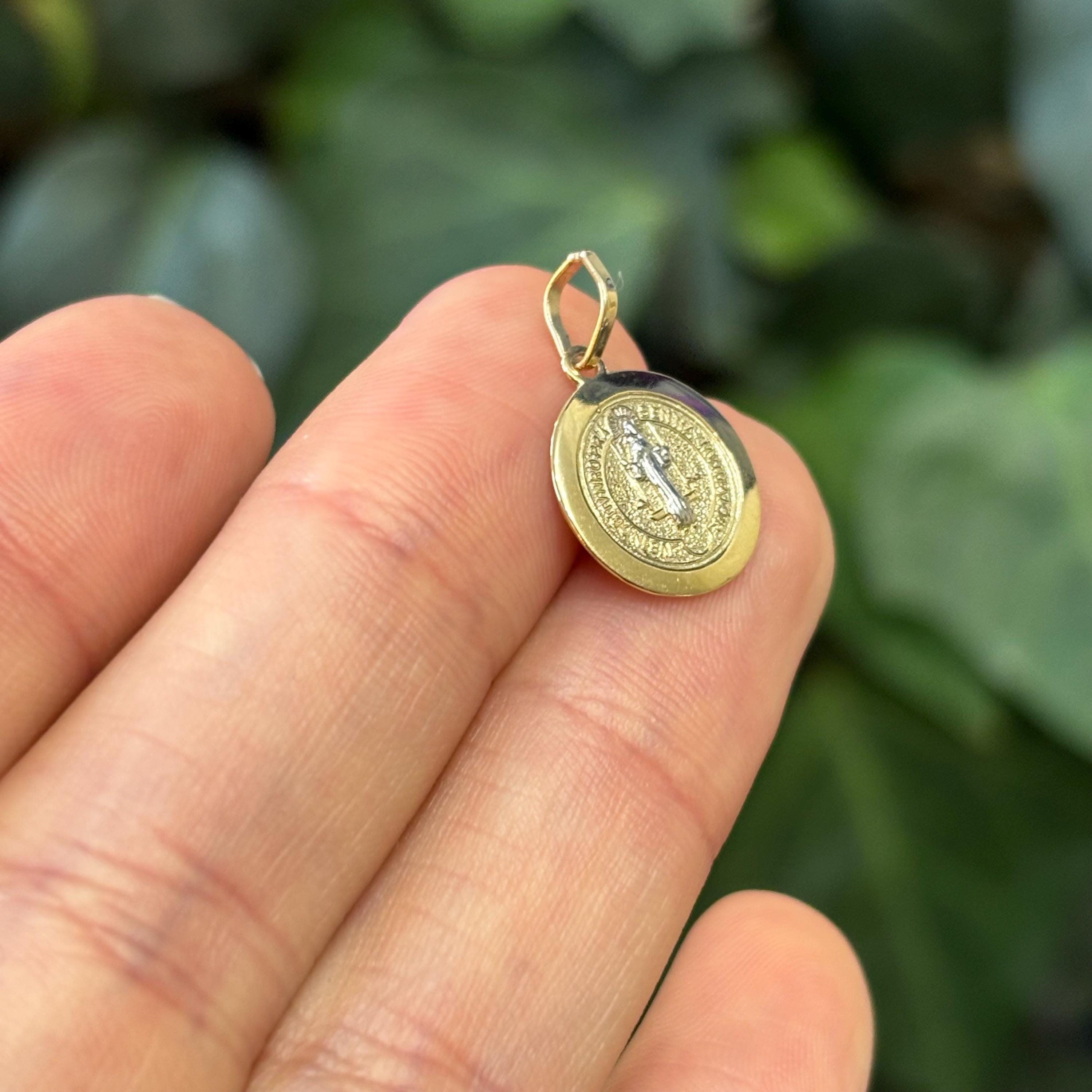 14k Gold St Benedict 2 Sided Two tone Medal Pendant Solid 24.5mm