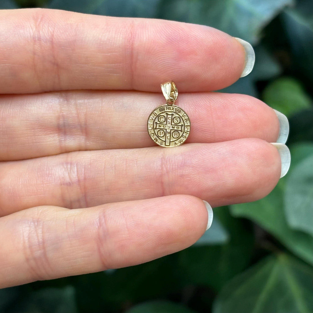14k Gold St Benedict 2 Sided Two-Tone Medal Pendant Solid Small Mini Tiny