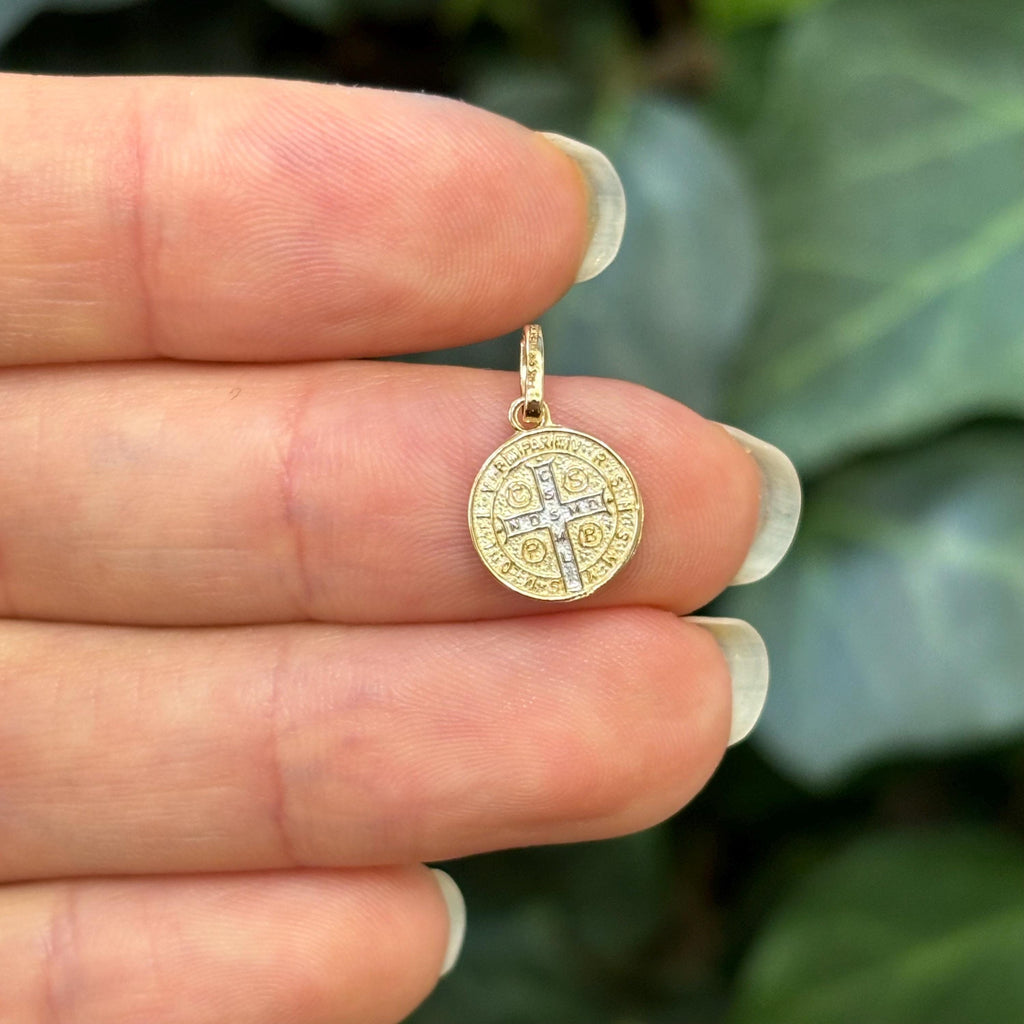 14k Gold St Benedict 2 Sided Two-Tone Medal Pendant Solid Small Mini Tiny