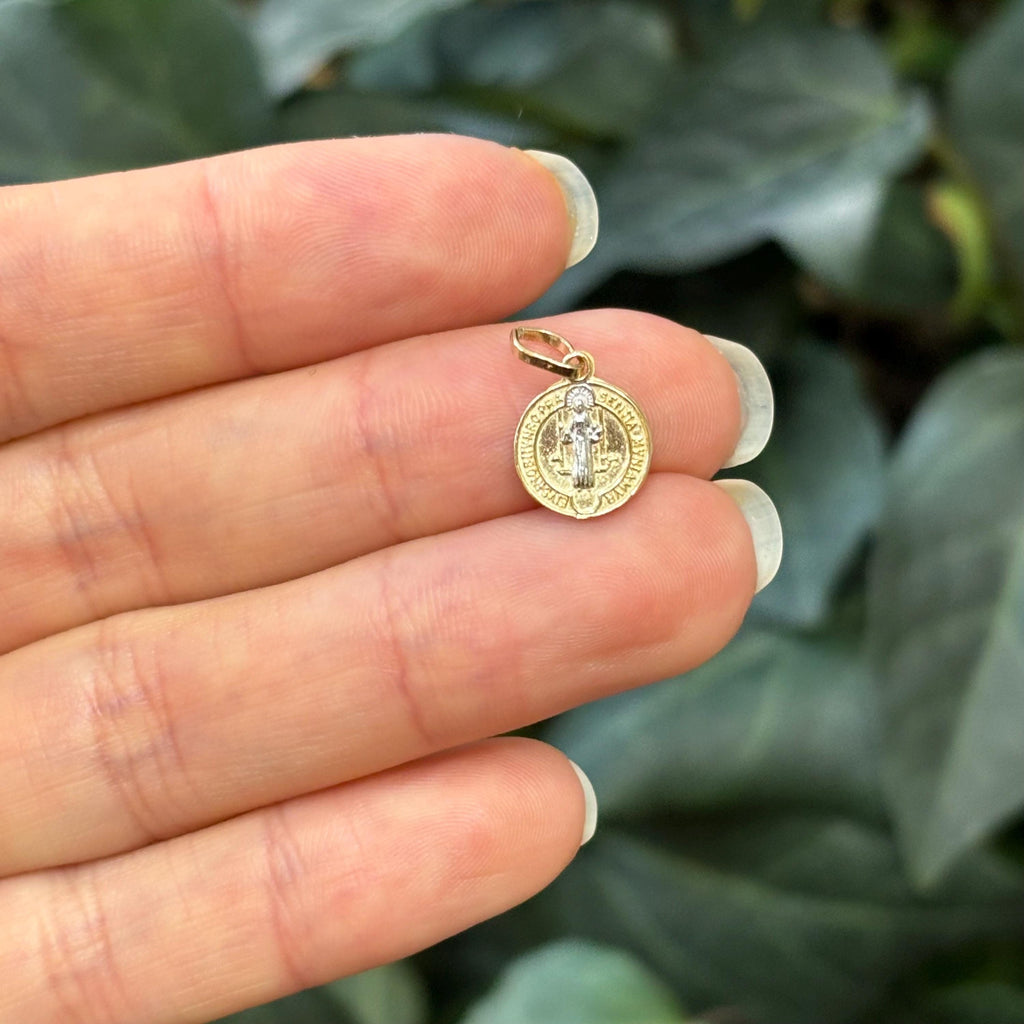 14k Gold St Benedict 2 Sided Two-Tone Medal Pendant Solid Small Mini Tiny
