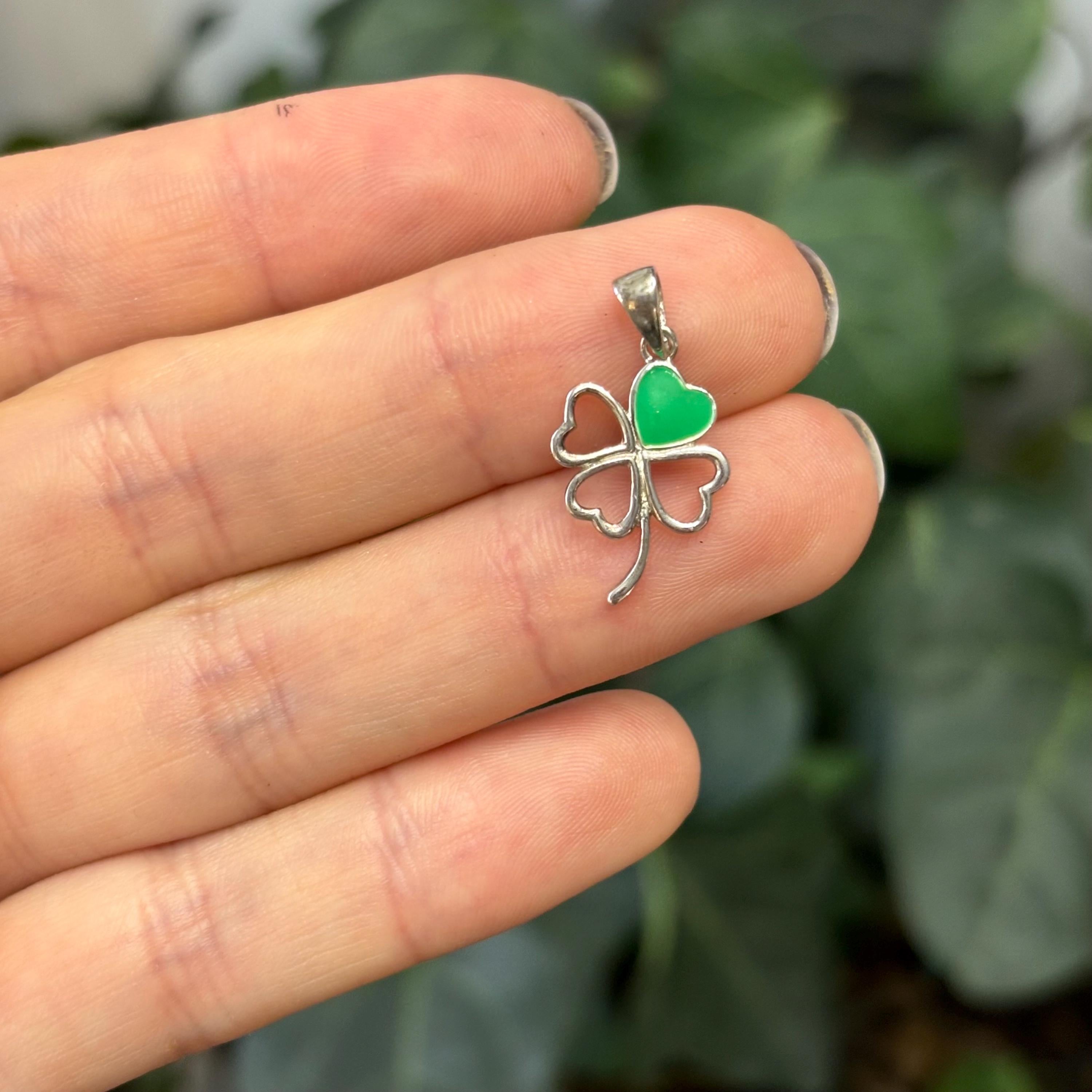 Sterling Silver Green Enamel Heart Four Leaf Clover Charm Pendant