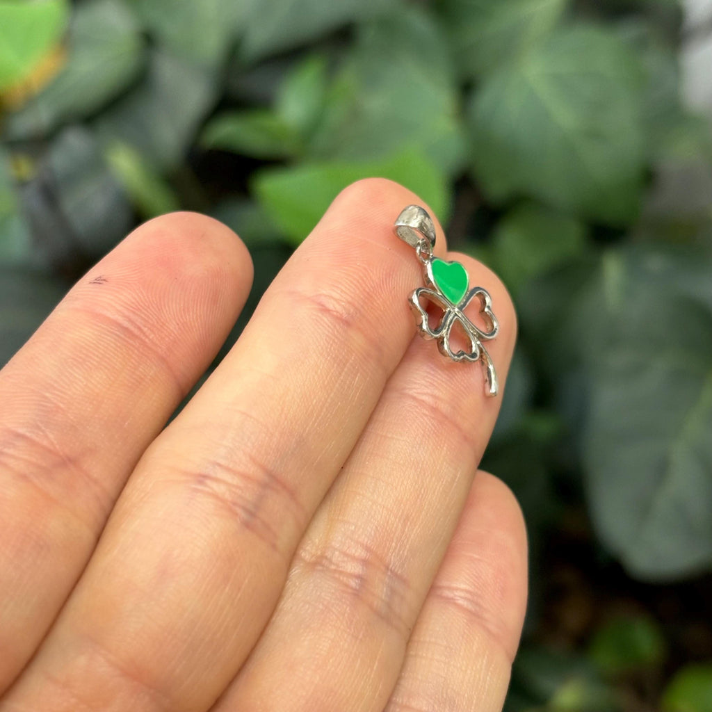 Sterling Silver Green Enamel Heart Four Leaf Clover Charm Pendant