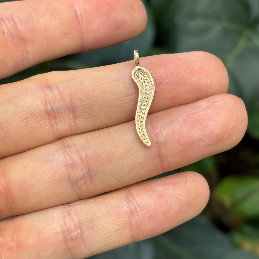 14k Gold Cubic Zirconia Italian Horn Corno Pendant 25mm