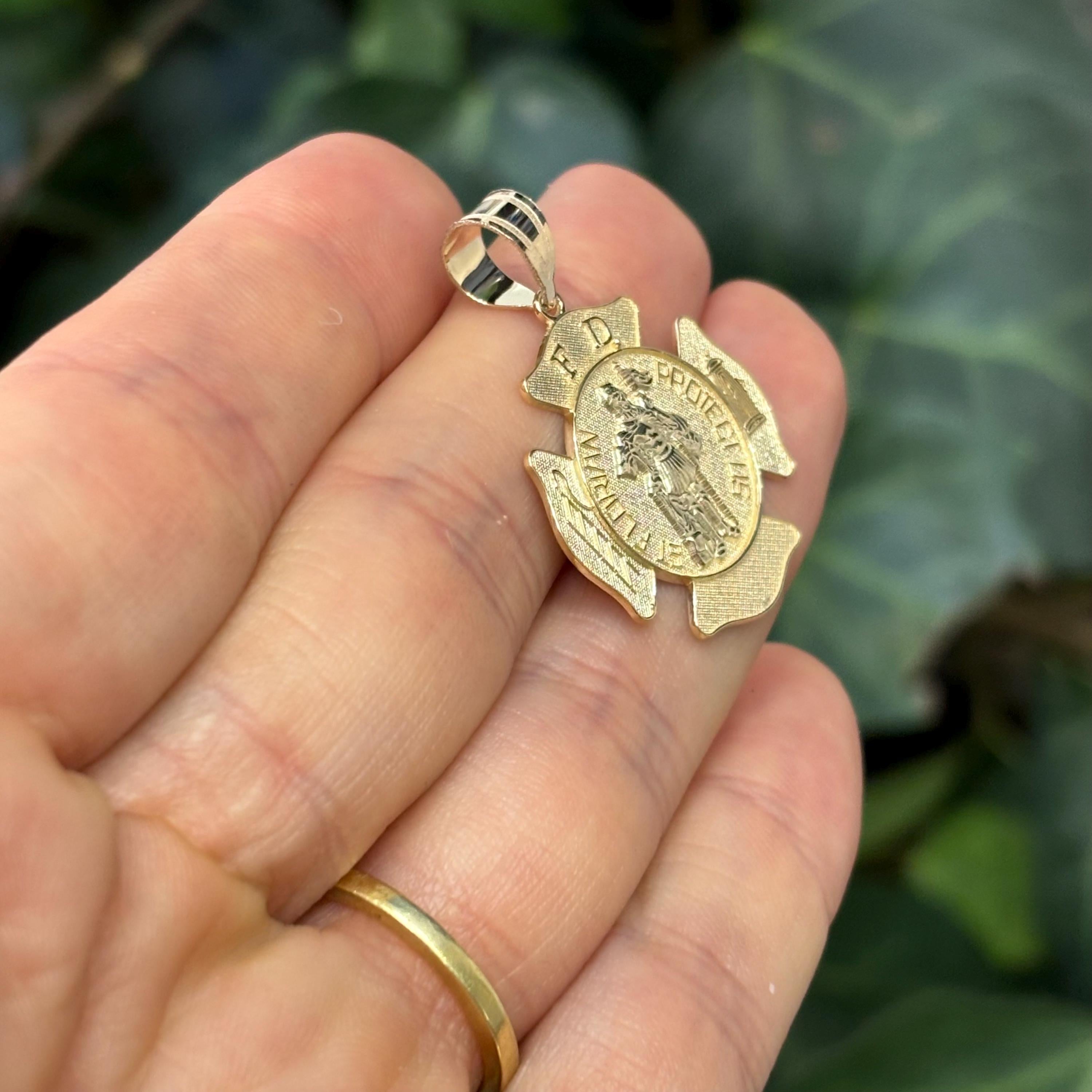 14k Yellow Gold St Florian Firefighter Badge Medal Pendant 24mm