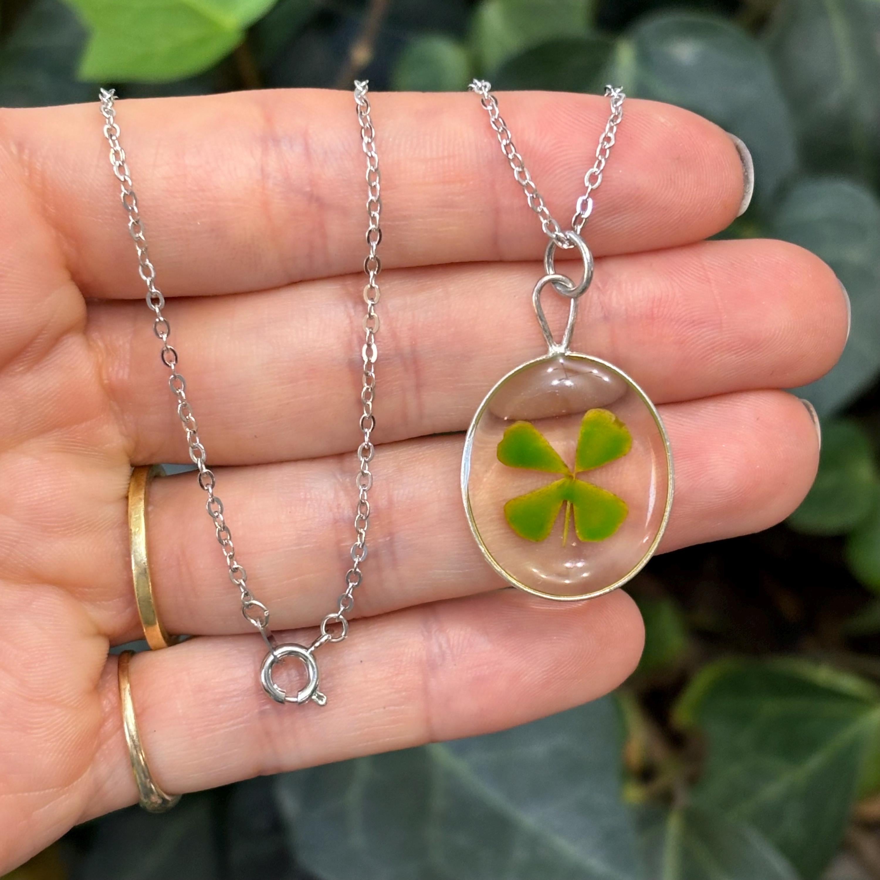 Sterling-Tone Metal Genuine Four Leaf Clover 3D Necklace