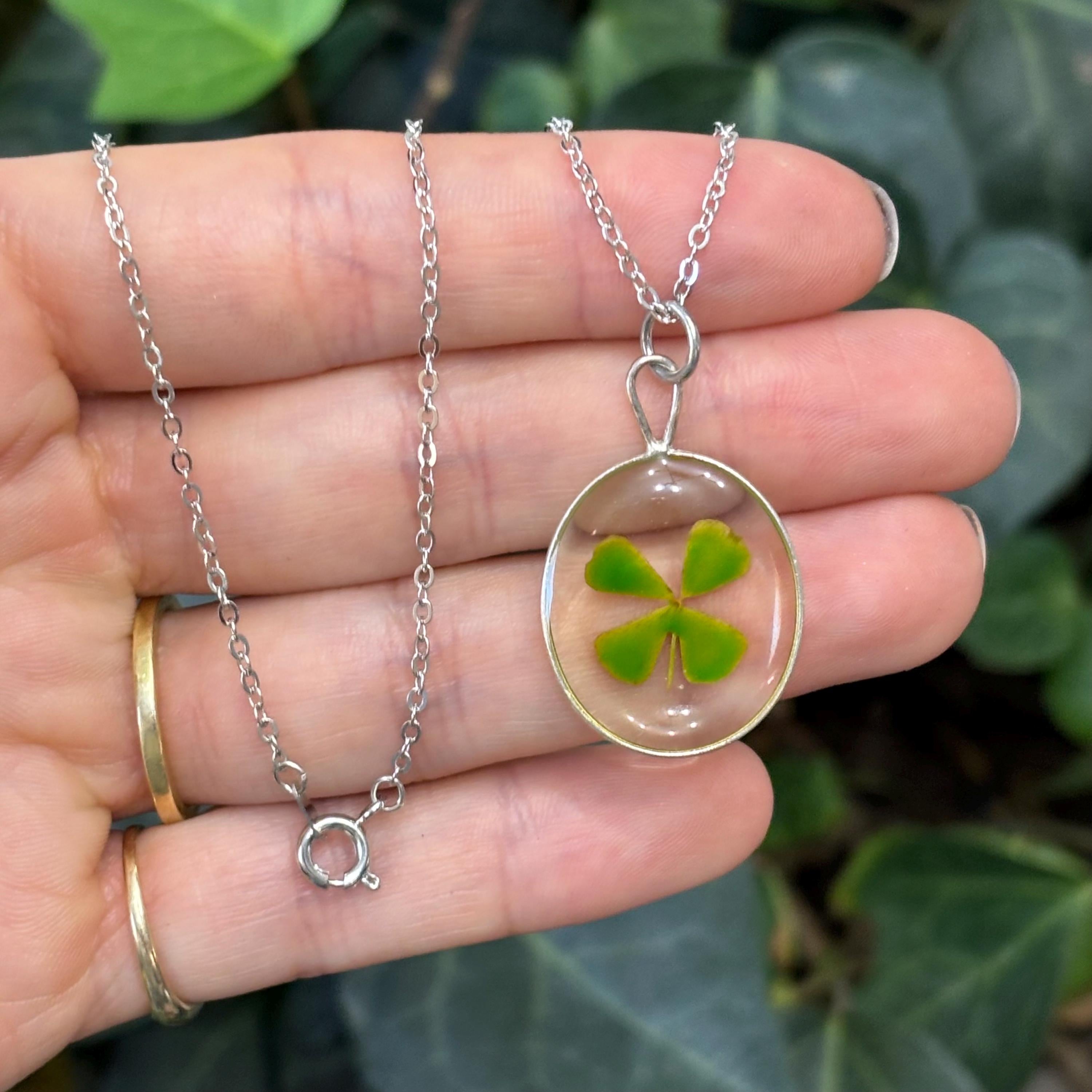 Sterling-Tone Metal Genuine Four Leaf Clover 3D Necklace