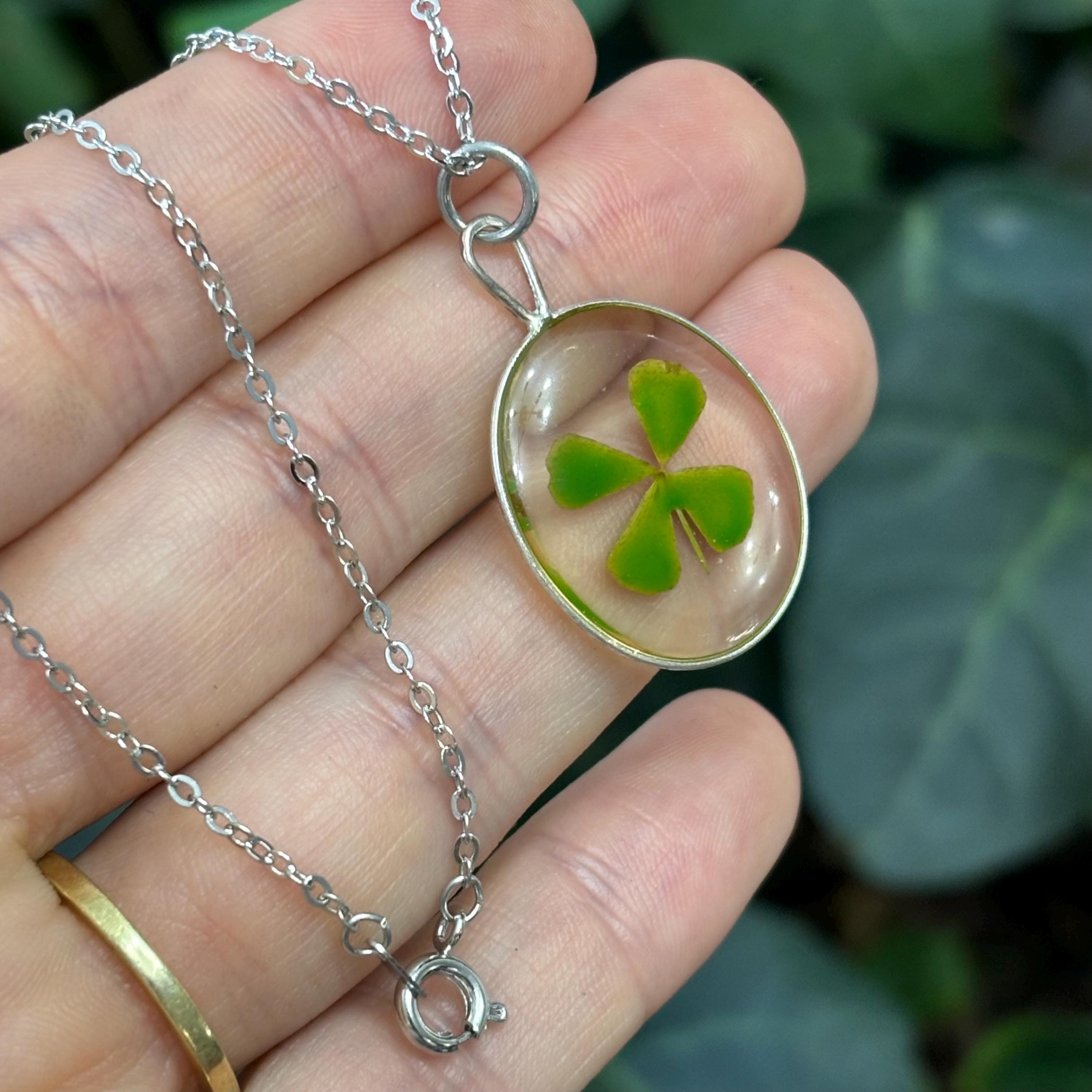 Sterling-Tone Metal Genuine Four Leaf Clover 3D Necklace