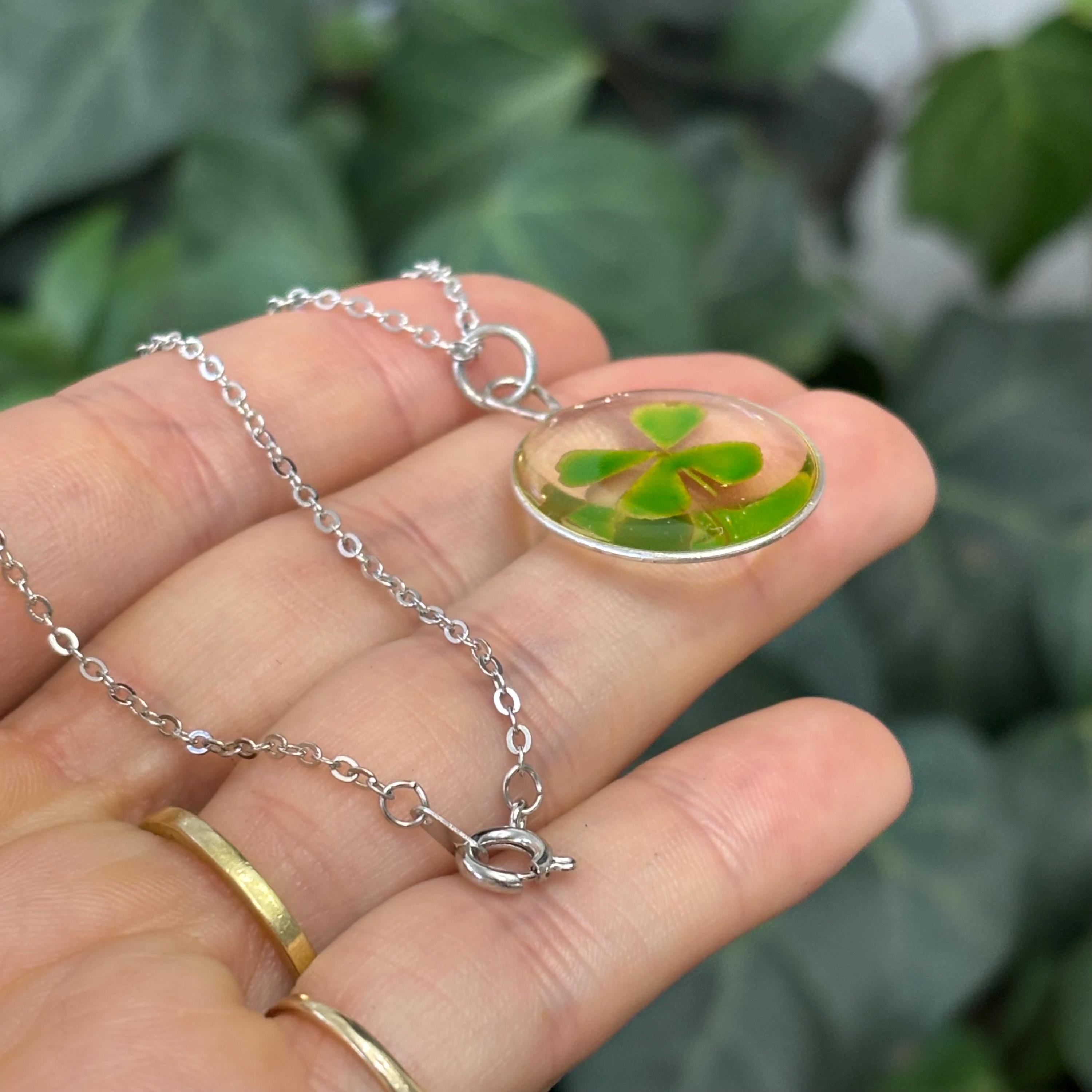 Sterling-Tone Metal Genuine Four Leaf Clover 3D Necklace