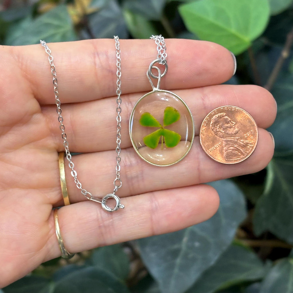 Sterling-Tone Metal Genuine Four Leaf Clover 3D Necklace