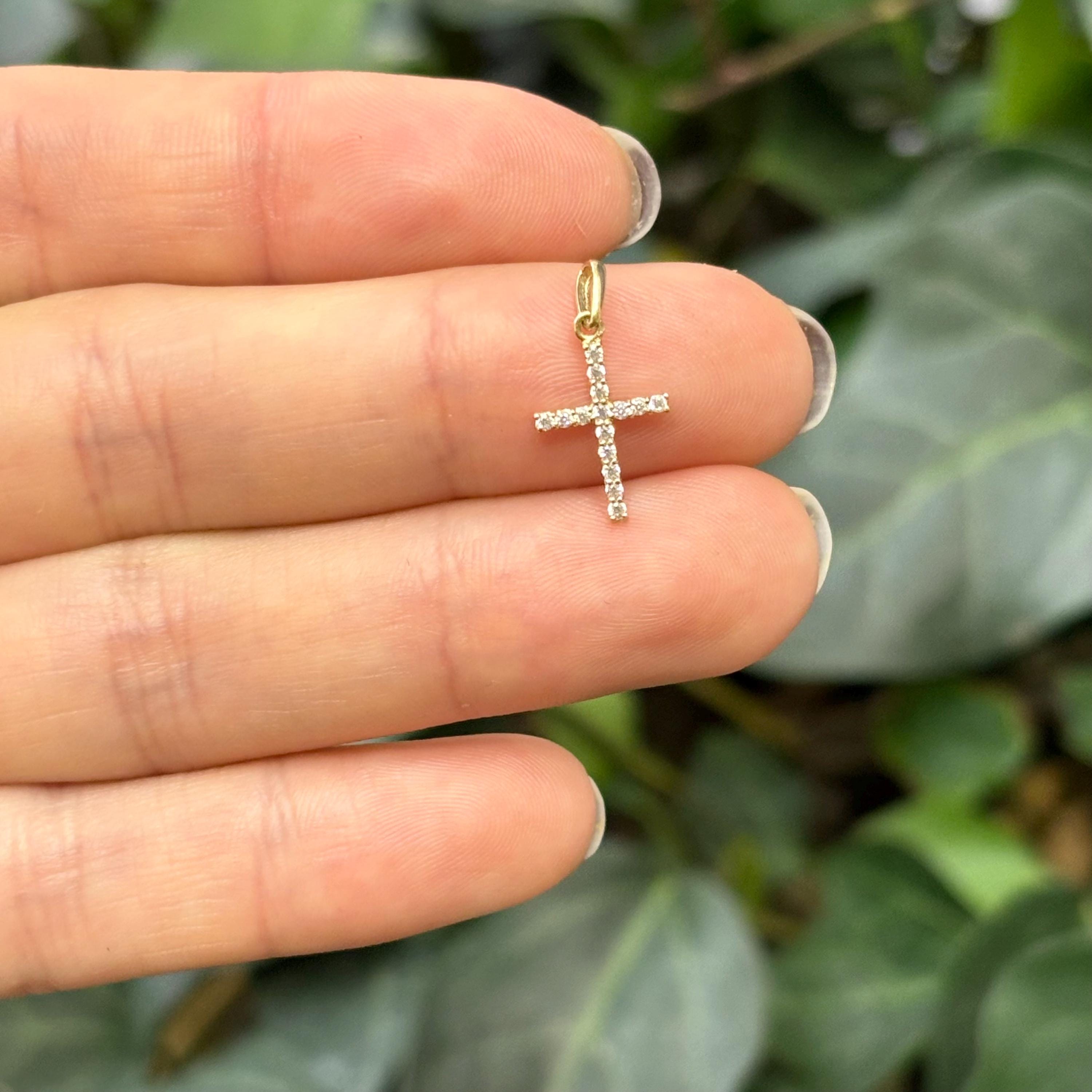 10k Gold Cubic Zirconia Stones Mini Cross Charm Pendant