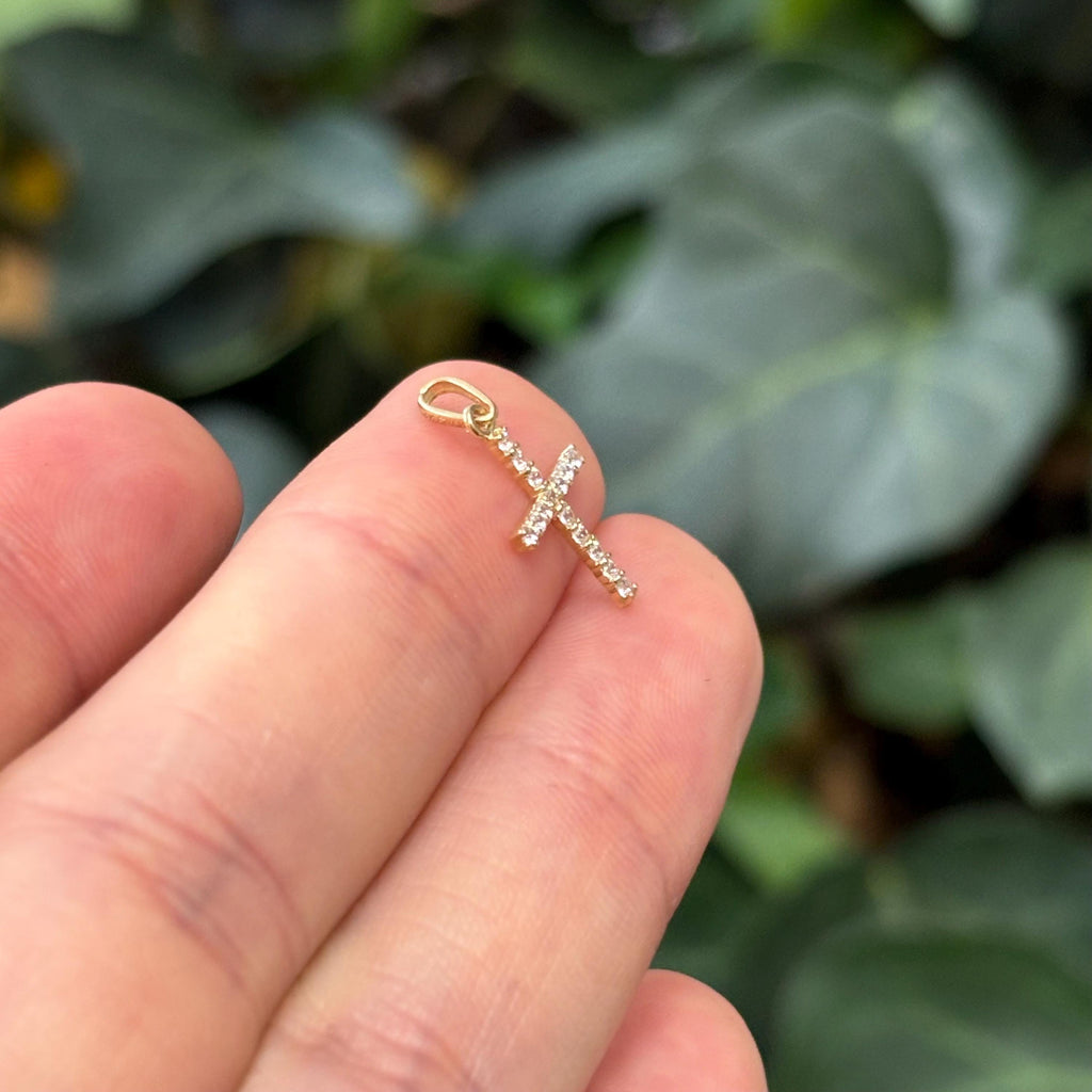 10k Gold Cubic Zirconia Stones Mini Cross Charm Pendant