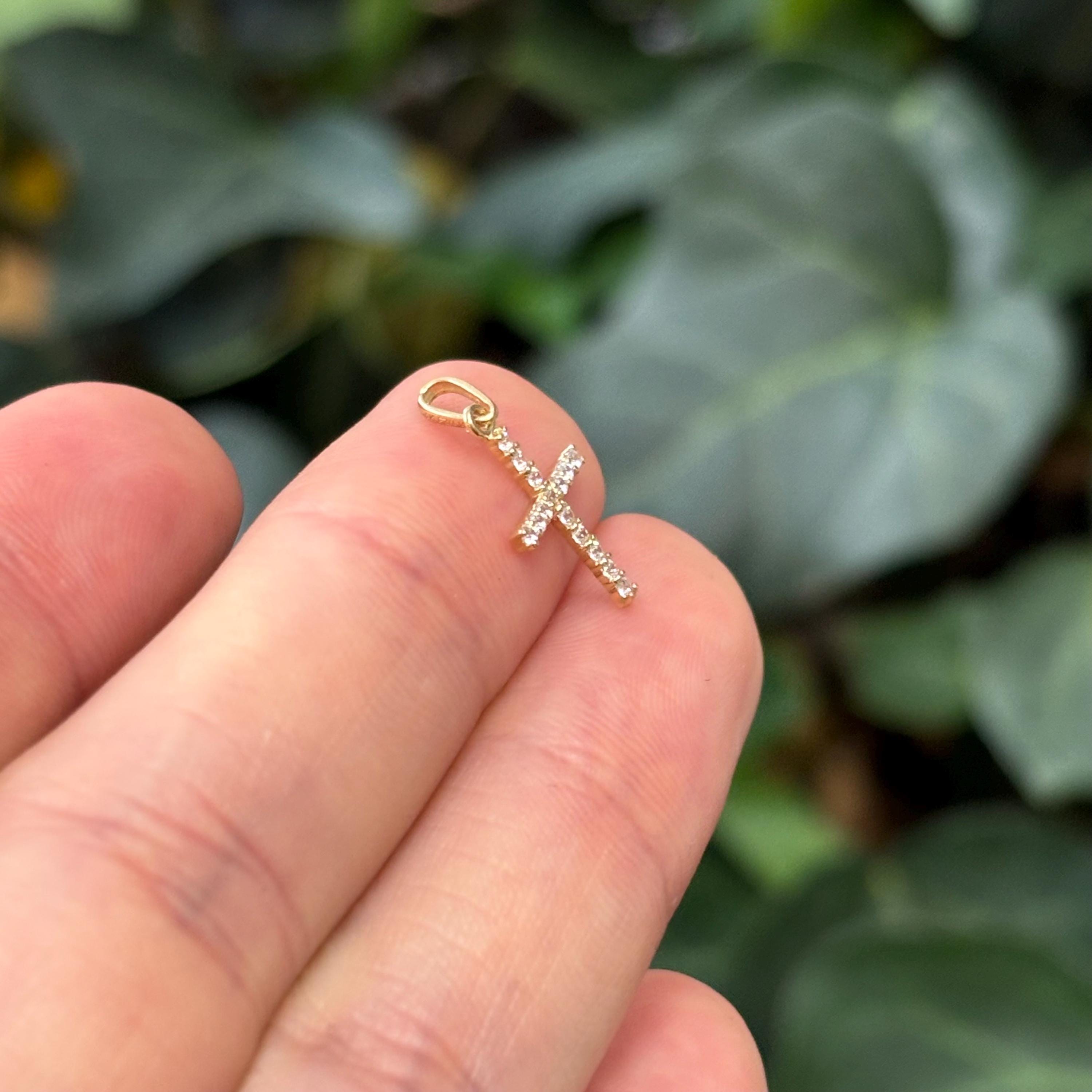 10k Gold Cubic Zirconia Stones Mini Cross Charm Pendant
