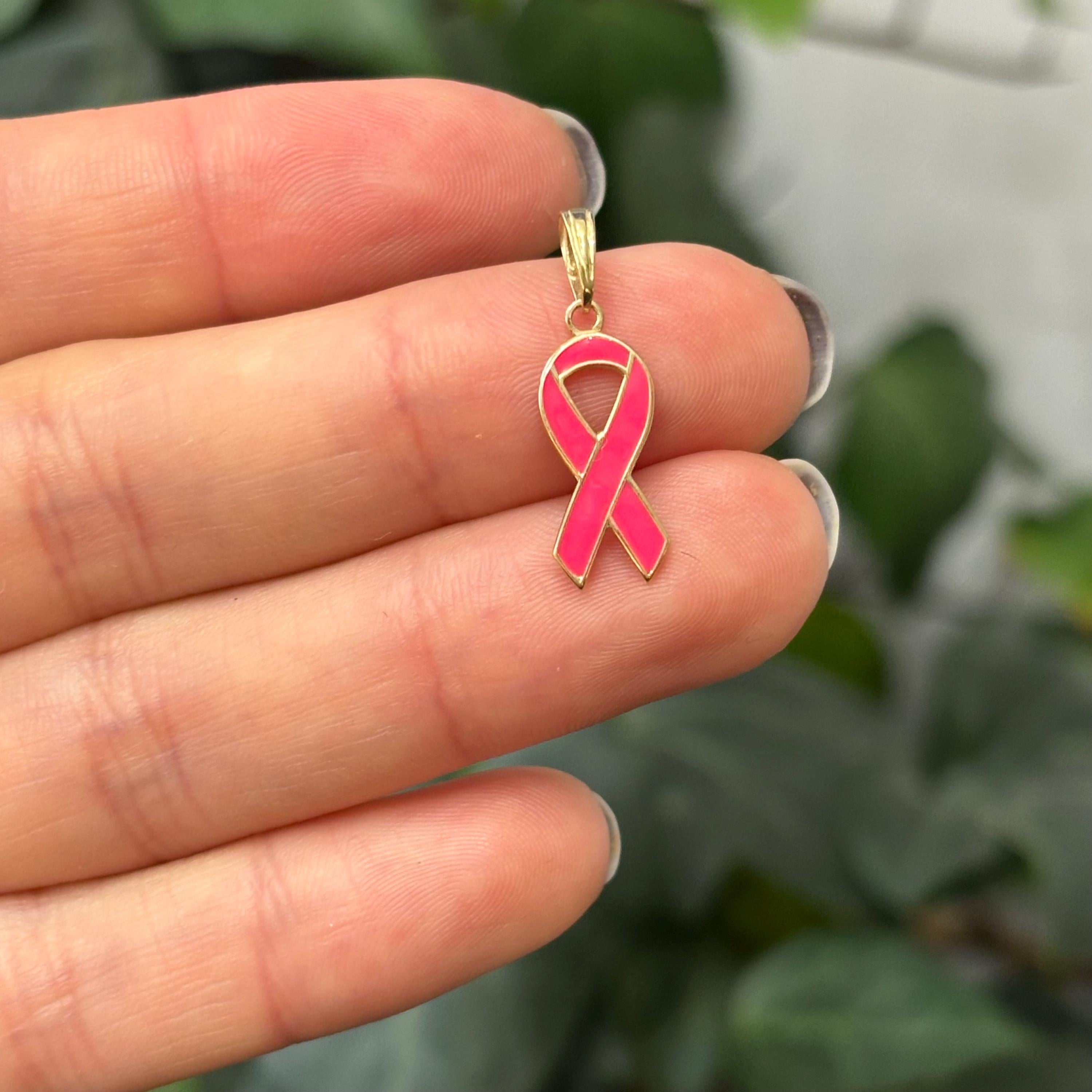 10k Gold Pink Enamel Breast Cancer Ribbon Awareness Charm Pendant
