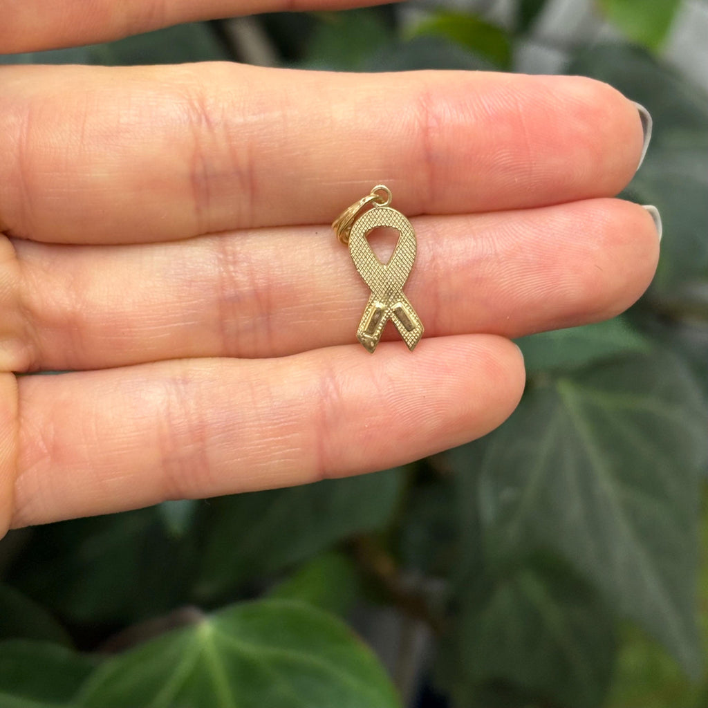 10k Gold Pink Enamel Breast Cancer Ribbon Awareness Charm Pendant
