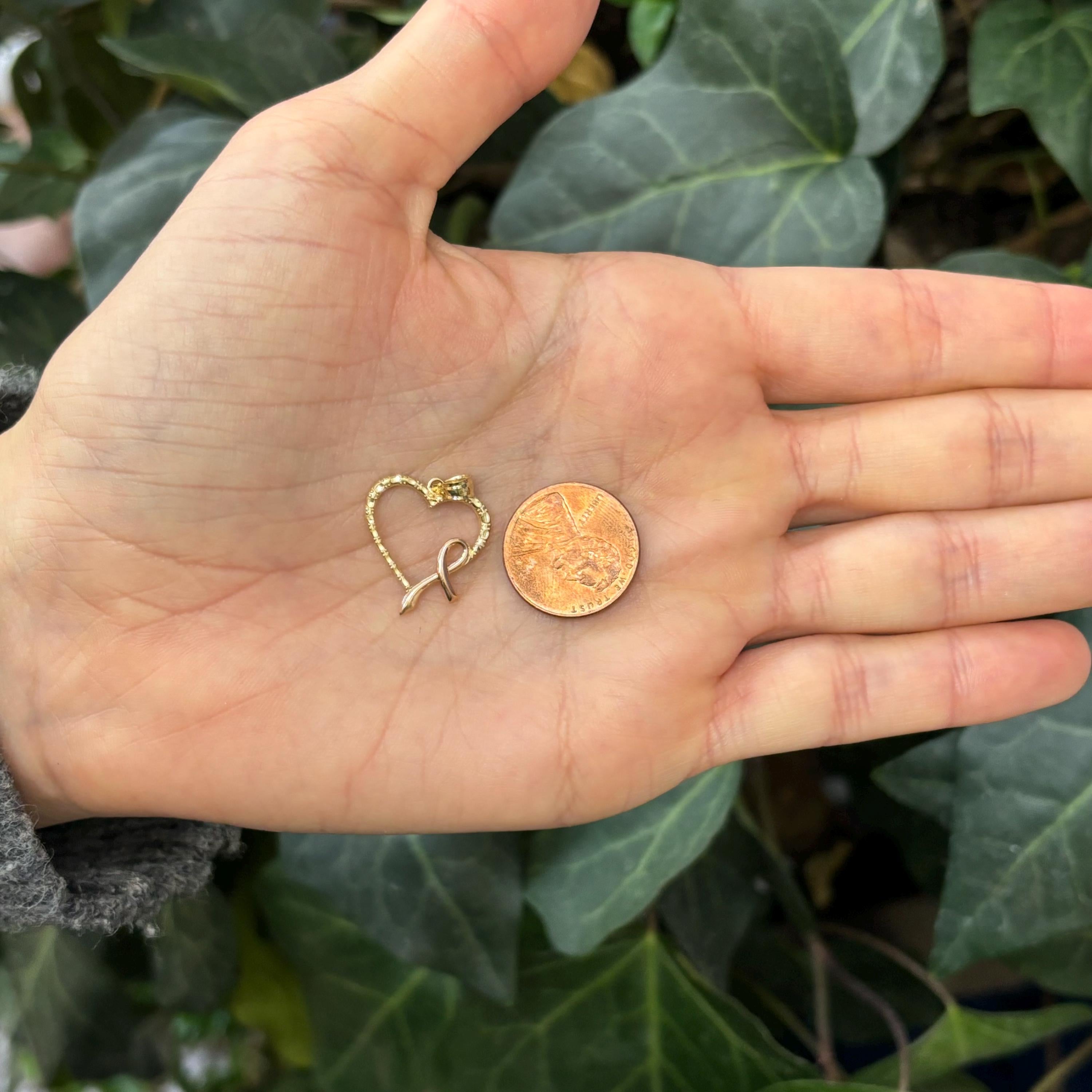 14k Yellow Rose Gold Breast Cancer Ribbon Awareness Heart Pendant