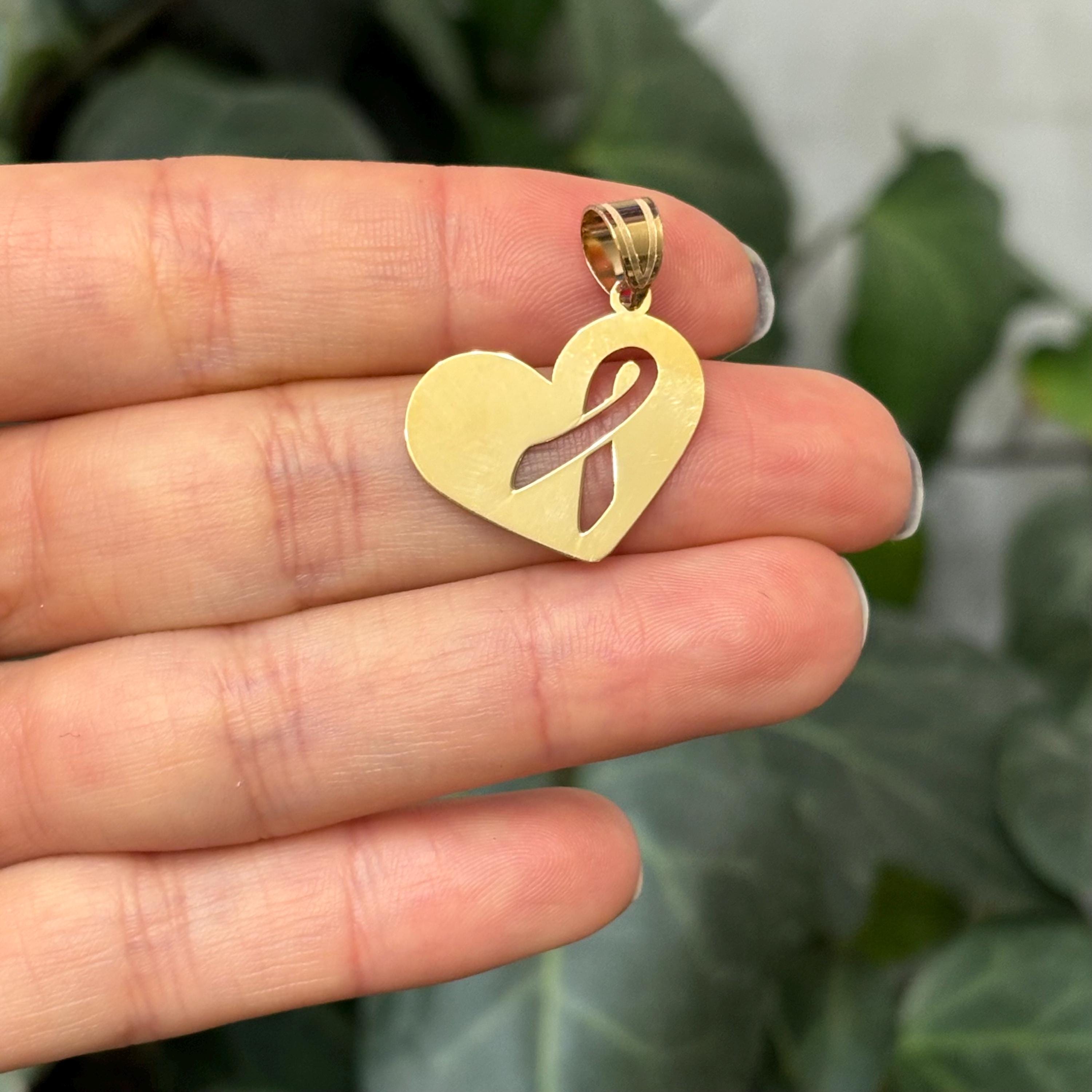 14k Gold Cancer Ribbon Awareness Heart Pendant