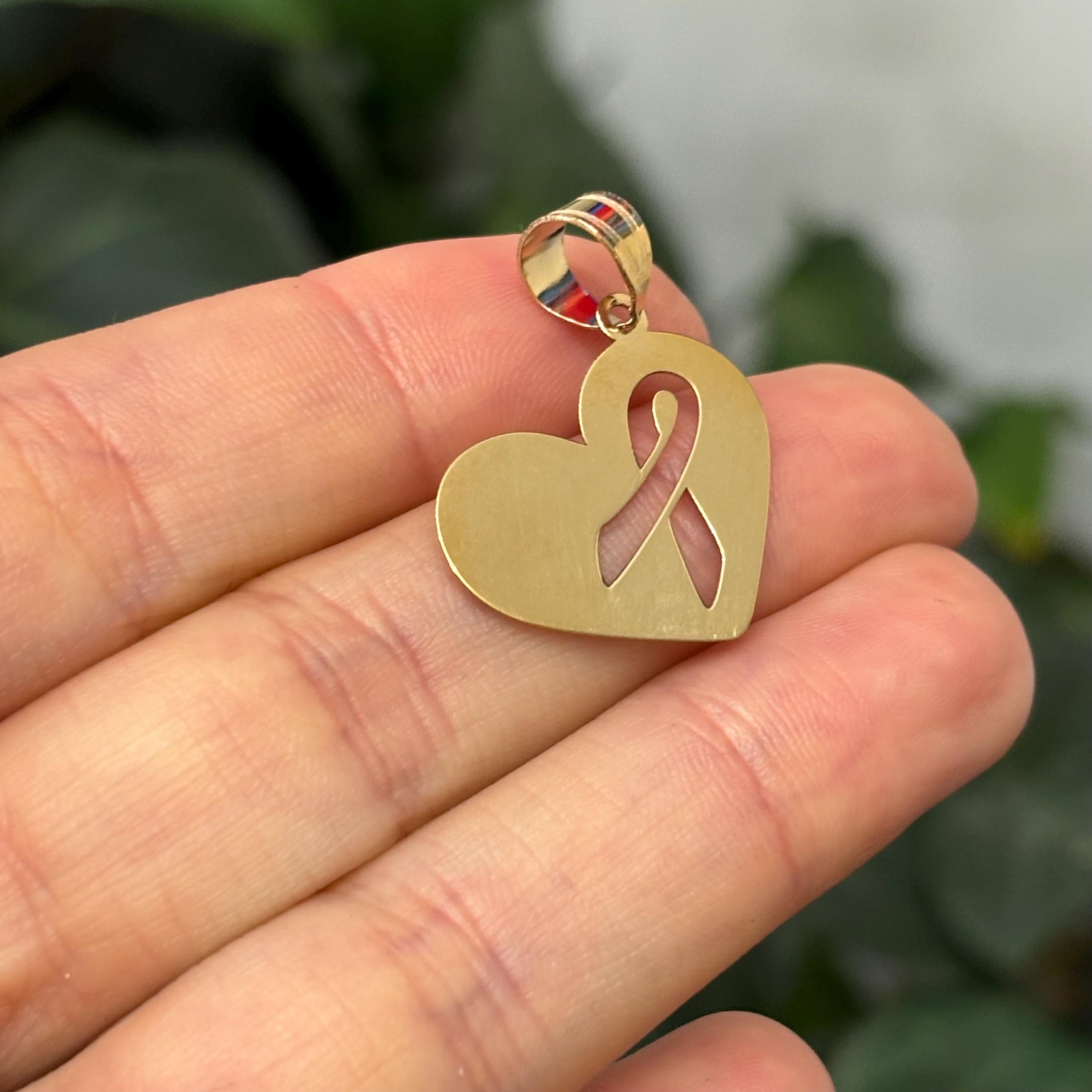 14k Gold Cancer Ribbon Awareness Heart Pendant