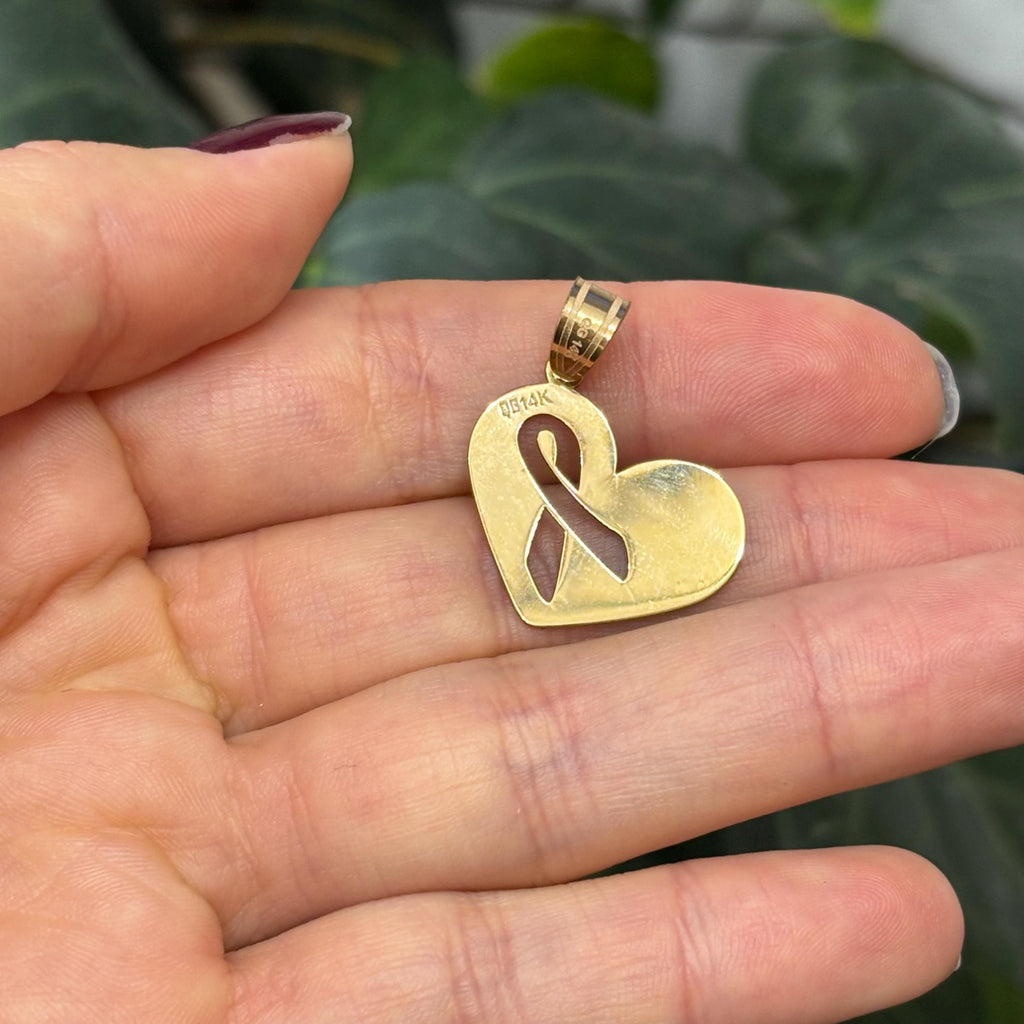 14k Gold Cancer Ribbon Awareness Heart Pendant