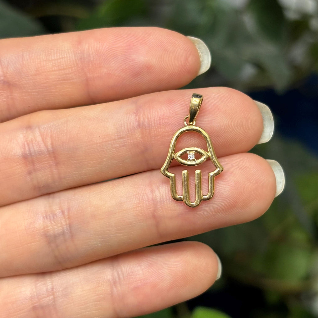 14KT Yellow Gold and Diamond Hamsa Evil Eye Detailed Pendant Small