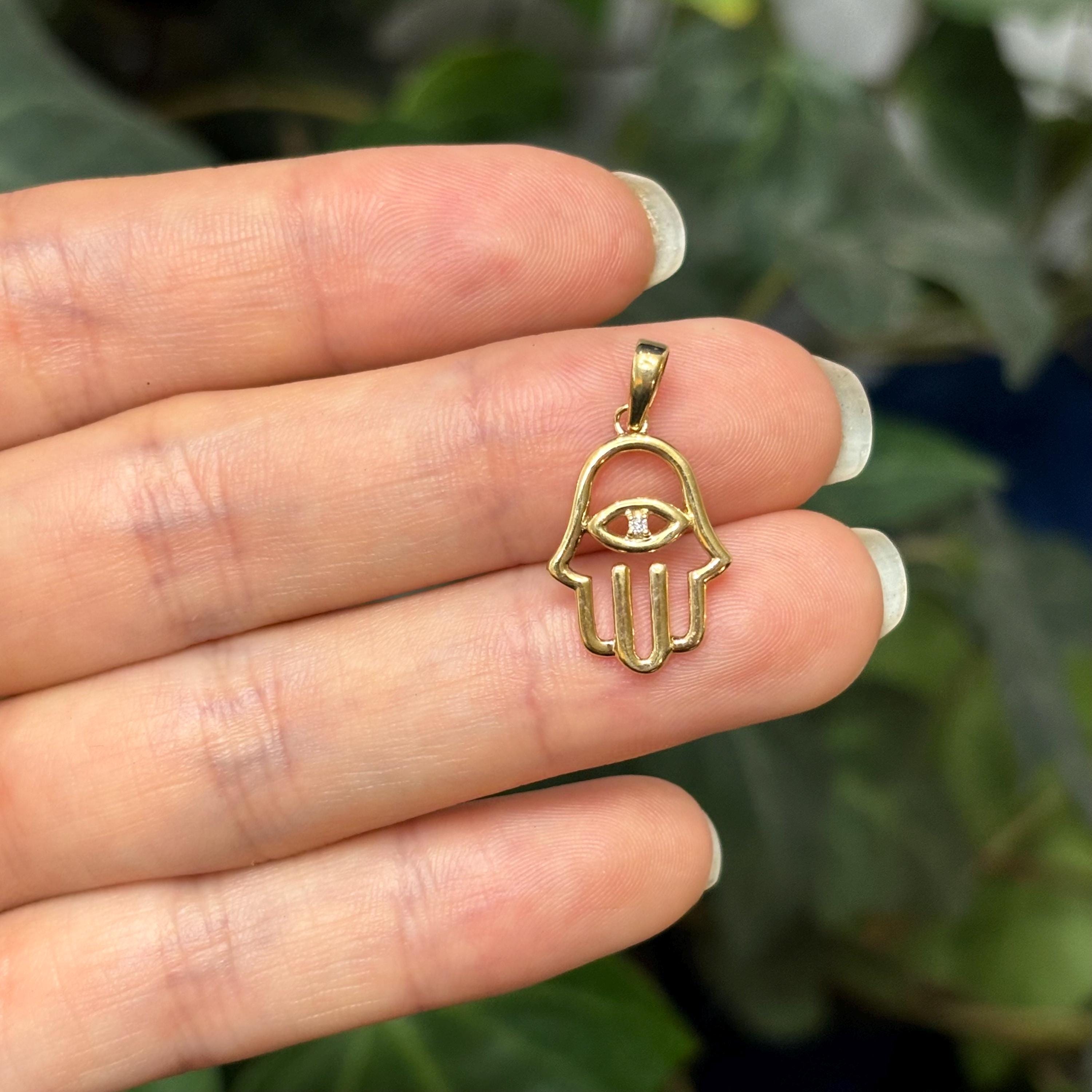 14KT Yellow Gold and Diamond Hamsa Evil Eye Detailed Pendant Small