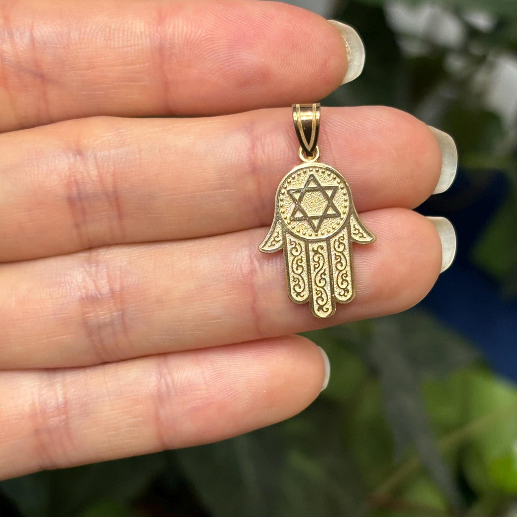 10K Yellow Gold Hamsa Chamseh Star of David Detailed Pendant